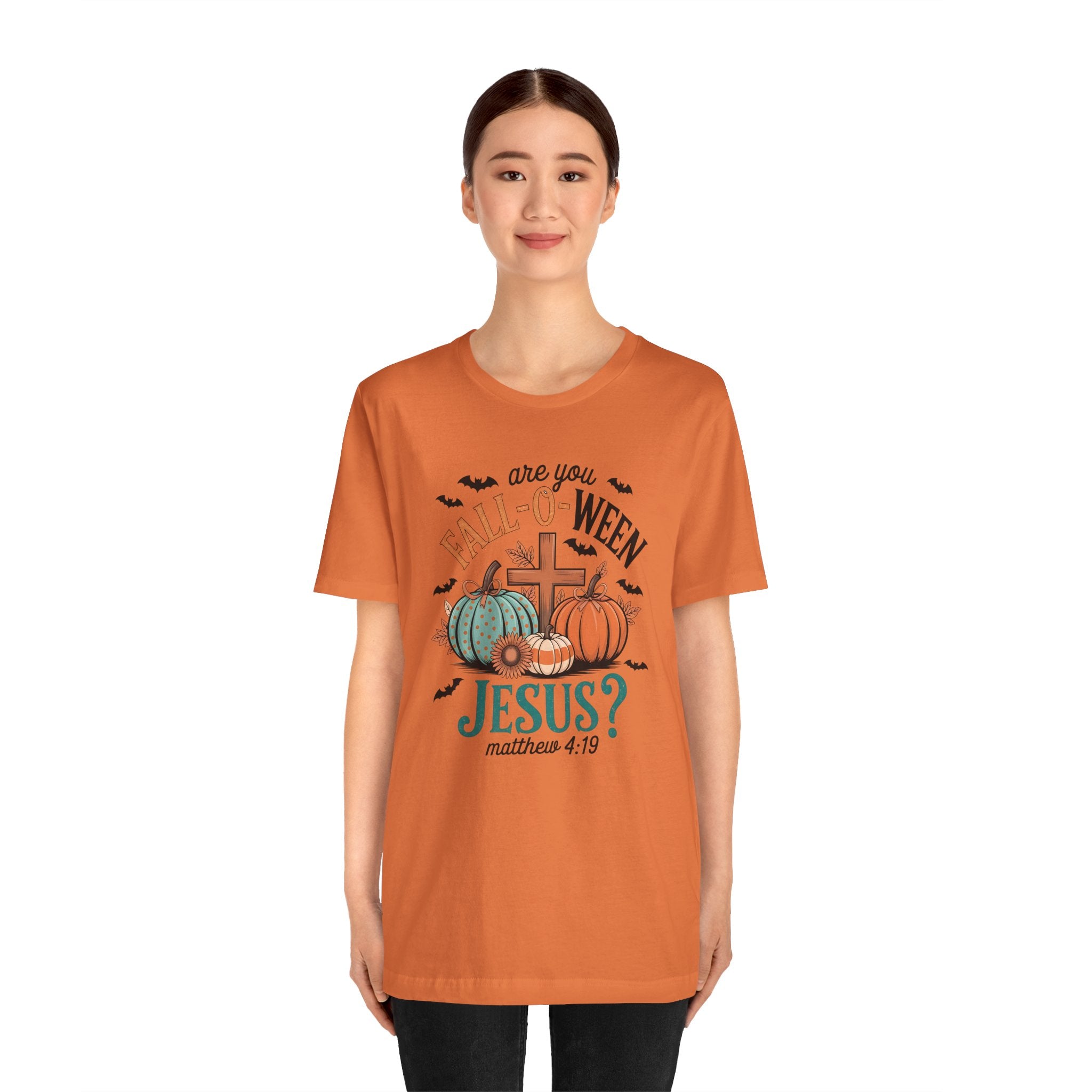 Fall-Themed Jesus T-Shirt, Unisex Short Sleeve Tee, Christian Apparel, Autumn Wear, Pumpkin Design, Halloween Celebration