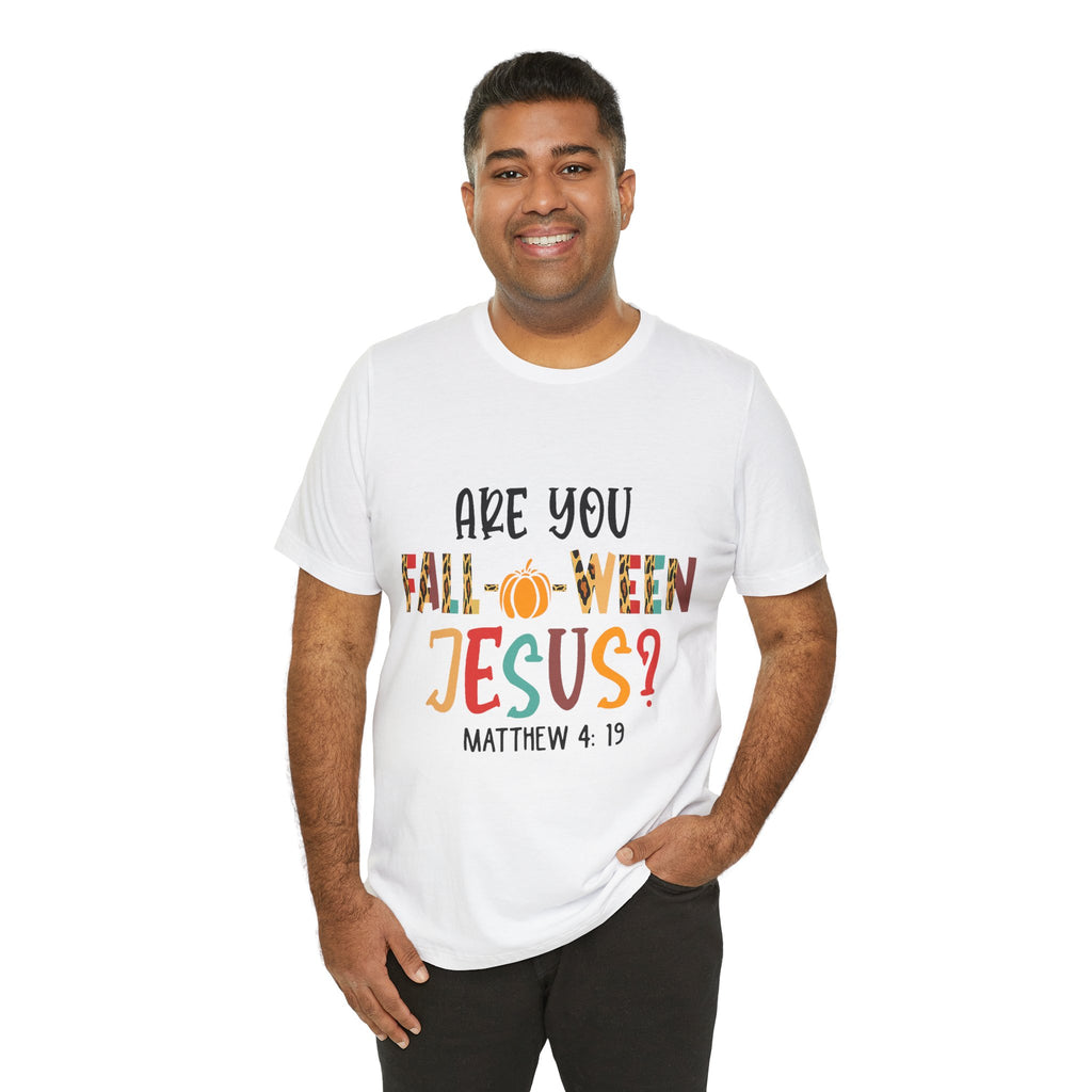 Fall-Themed Jesus Tee | Unisex Jersey Short Sleeve T-Shirt, Halloween Church Wear, Faith-Based Gift, Cozy Casual Top