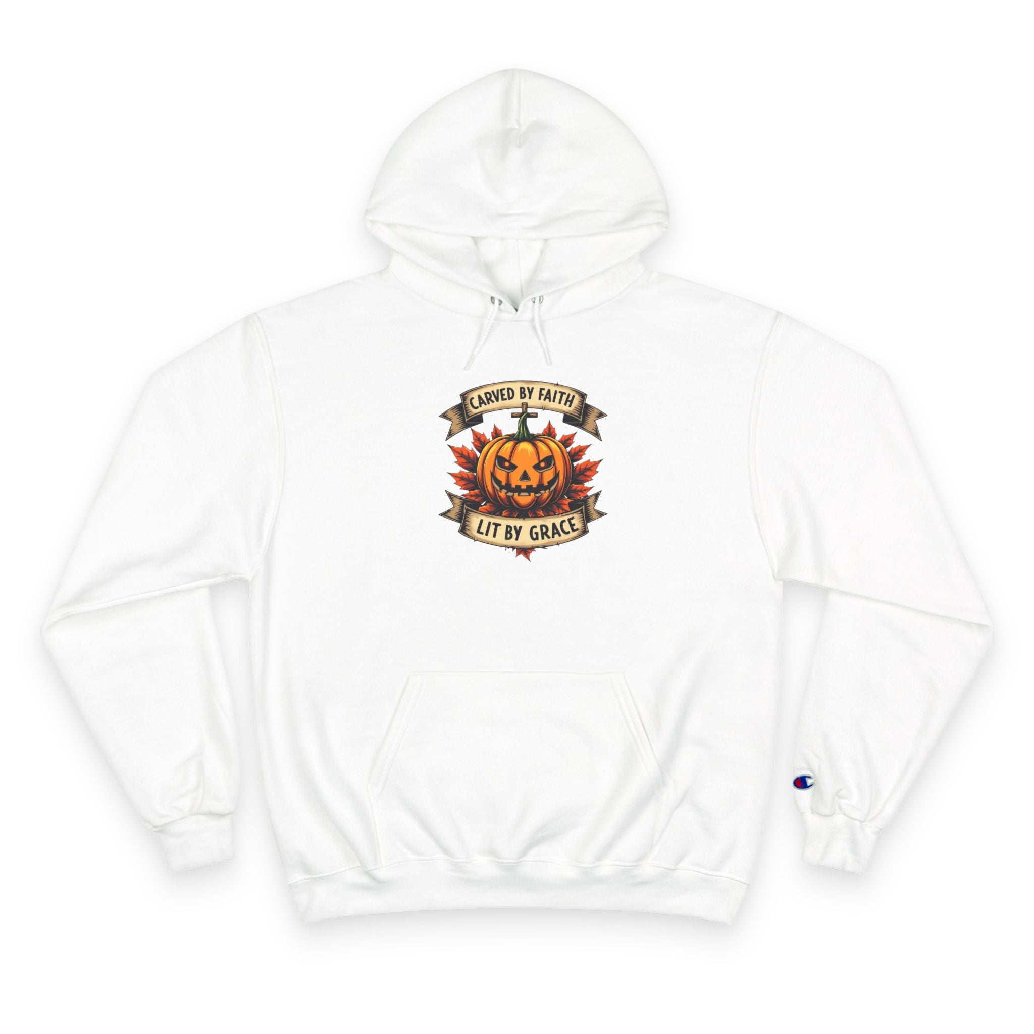 Halloween Pumpkin Champion Hoodie, Cozy Sweatshirt for Fall, Faith Inspired Apparel, Unisex Fall Fashion, Perfect for Halloween Celebrations