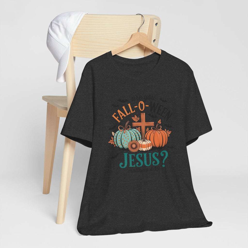 Fall-Themed Jesus T-Shirt, Unisex Short Sleeve Tee, Christian Apparel, Autumn Wear, Pumpkin Design, Halloween Celebration