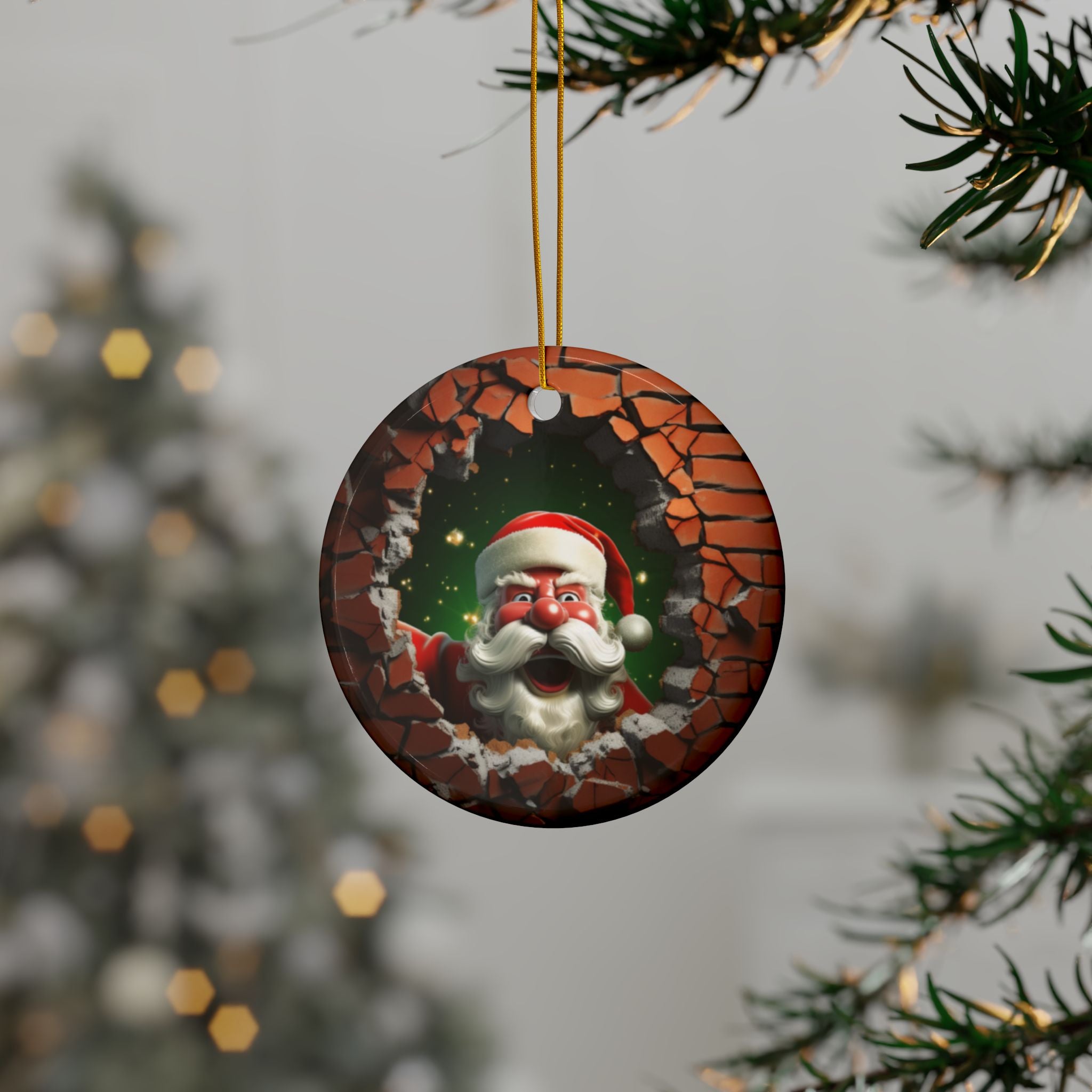 Santa Breaking Through Ceramic Ornaments - 2-Side Print - Holiday Decor, Christmas Gift, Tree Ornaments, Set of 1, 3, 5, 10