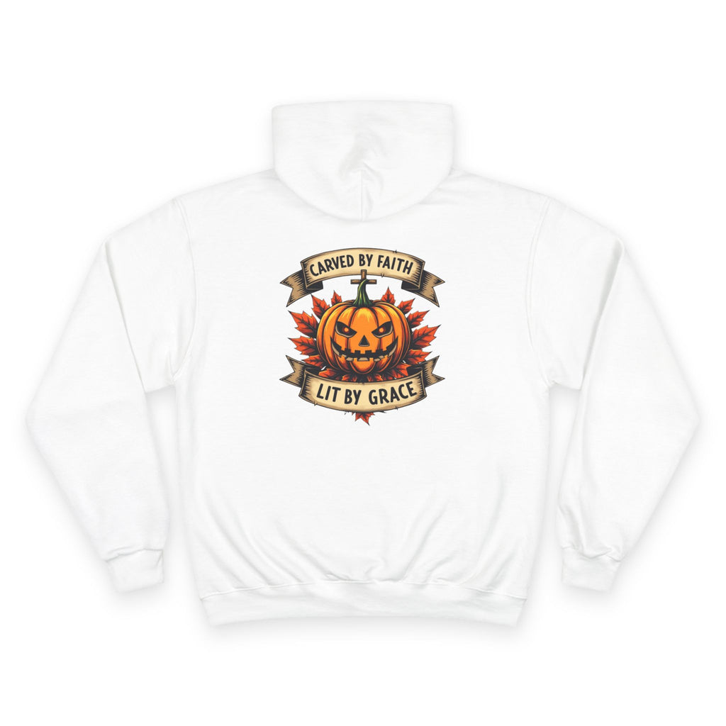 Champion Hoodie with Pumpkin Design - Carved by Faith, Lit by Grace, Cozy Fall Apparel for Halloween, Spiritual Gift, Autumn Fashion