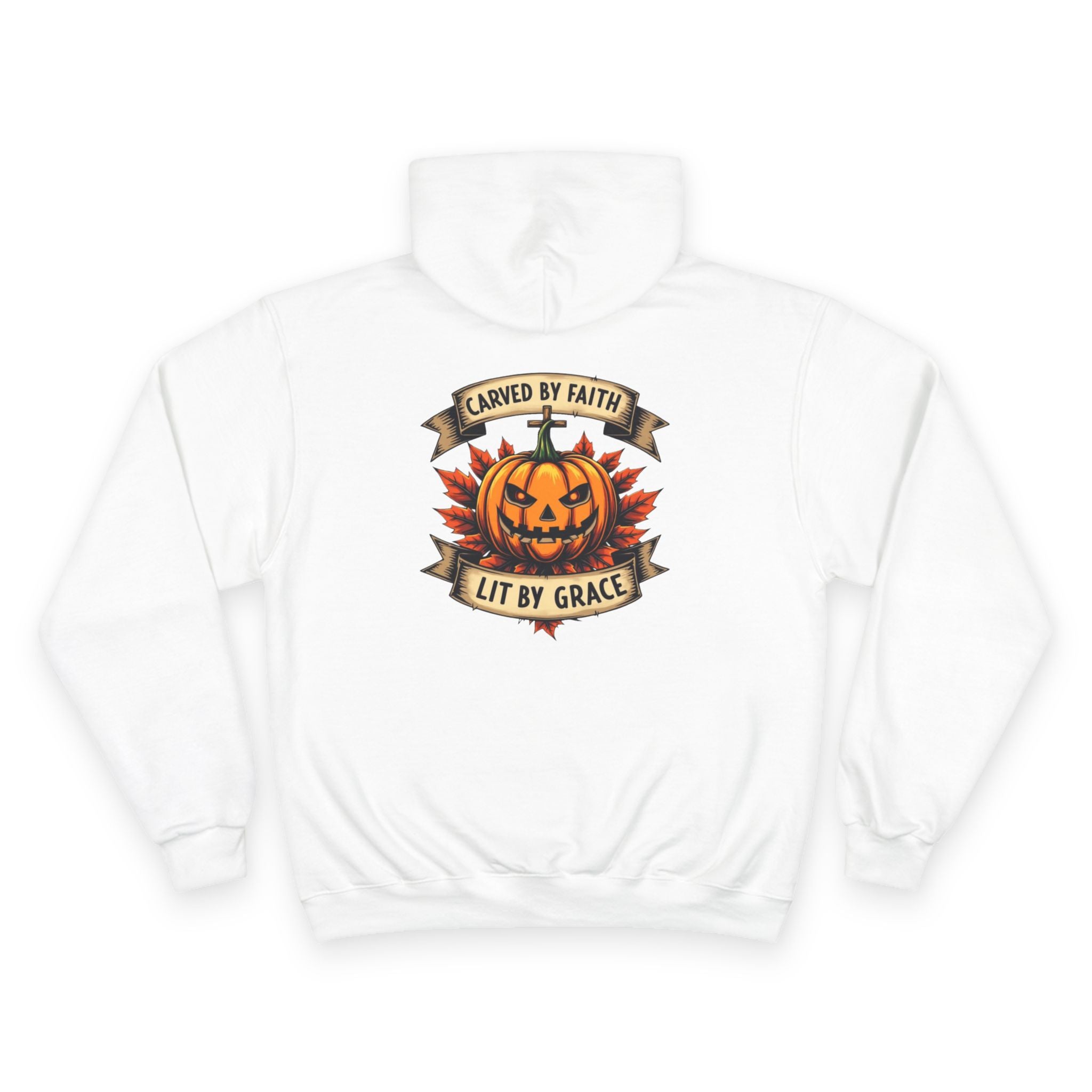 Champion Hoodie with Pumpkin Design - Carved by Faith, Lit by Grace, Cozy Fall Apparel for Halloween, Spiritual Gift, Autumn Fashion
