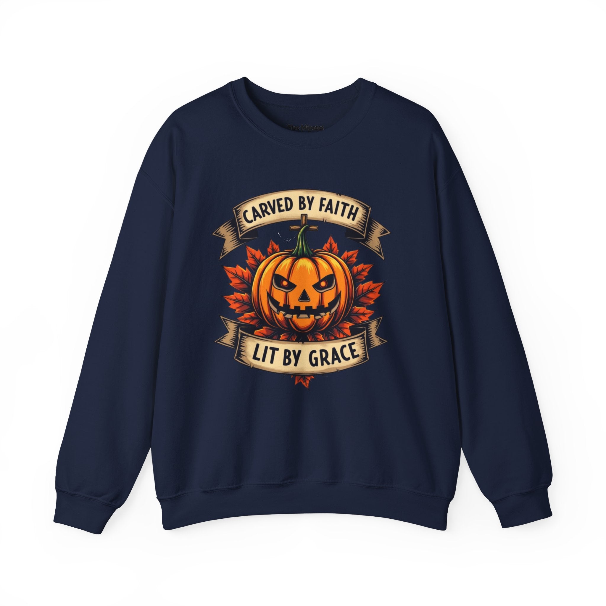Autumn Pumpkin Sweatshirt - Carved by Faith Lit by Grace, Cozy Fall Fashion, Halloween Gift, Unisex Crewneck, Seasonal Hoodie, Halloween