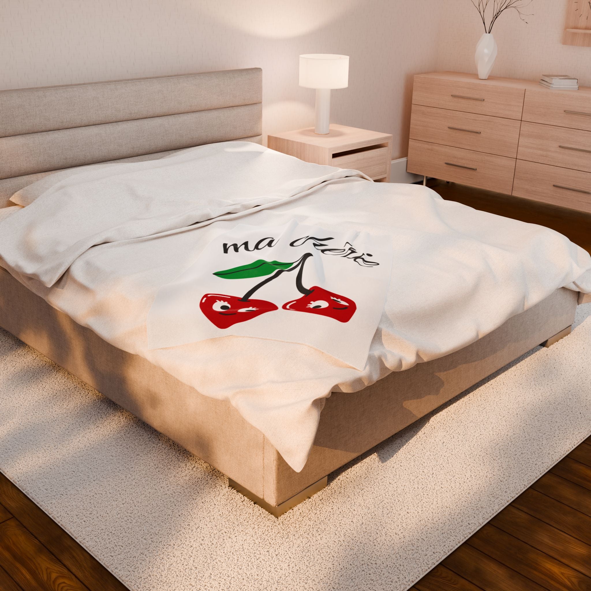 Cute Cherry 'Ma Chérie' Velveteen Plush Blanket, Cozy Throw, Gift for Her, Home Decor, Cherry Theme, Warm Snuggle Blanket