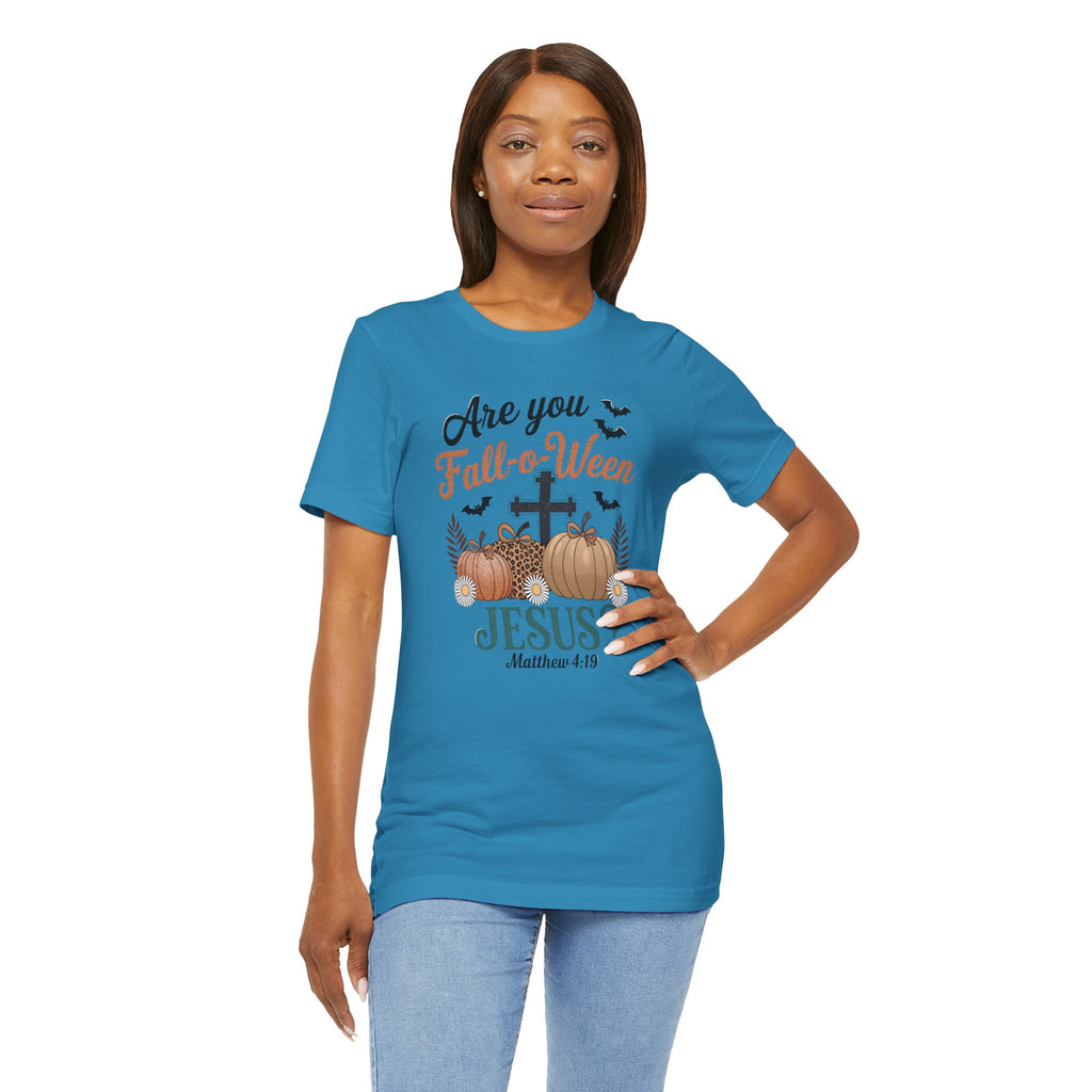 Fall-themed Christian Tee, Are You Fall-o-Ween Jesus?, Unisex Halloween Shirt, Autumn Faith T-Shirt, Pumpkin Design Top