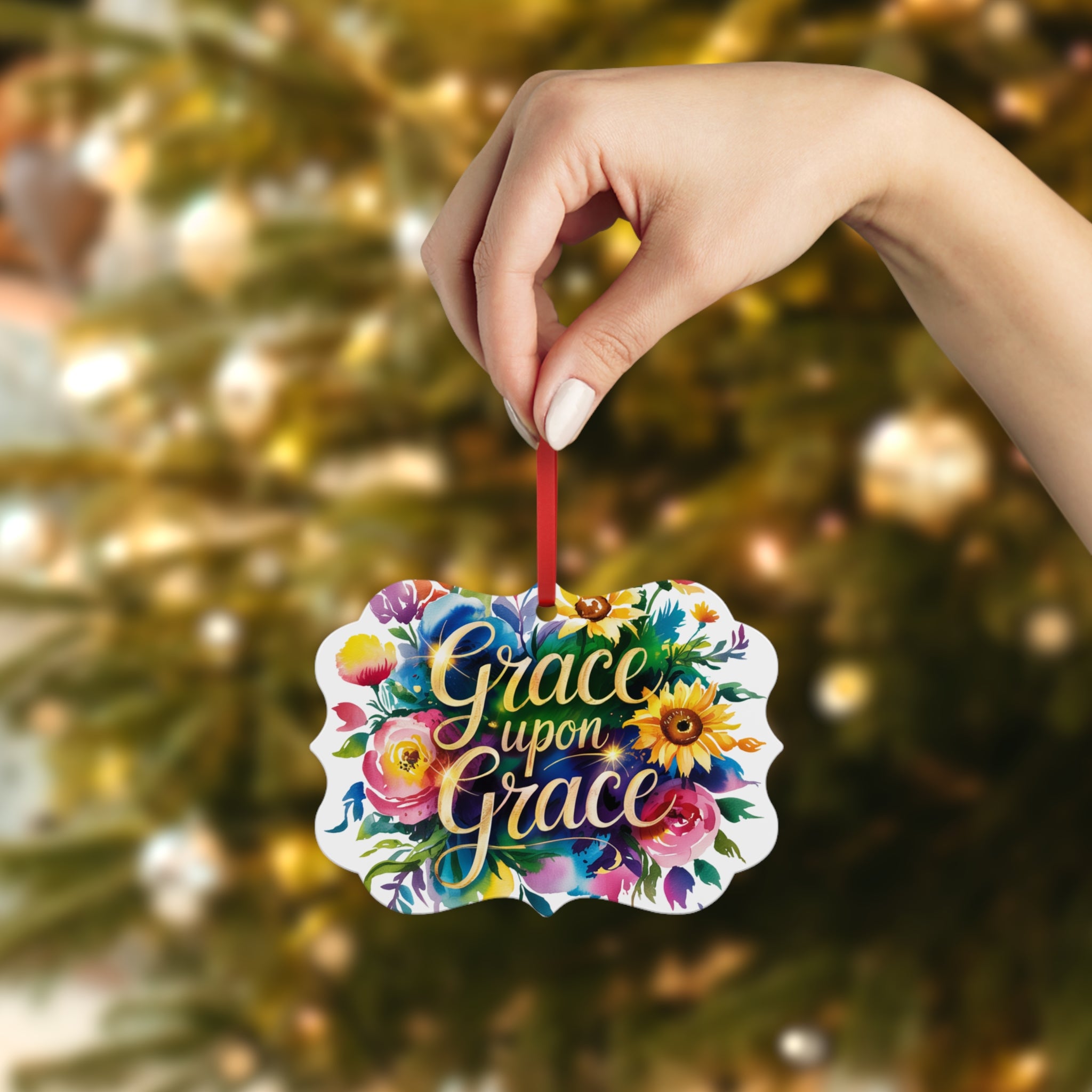 Floral Metal Ornament - Grace Upon Grace - Home Decor, Gift, Holiday Decoration, Wall Art, Personalized Ornament
