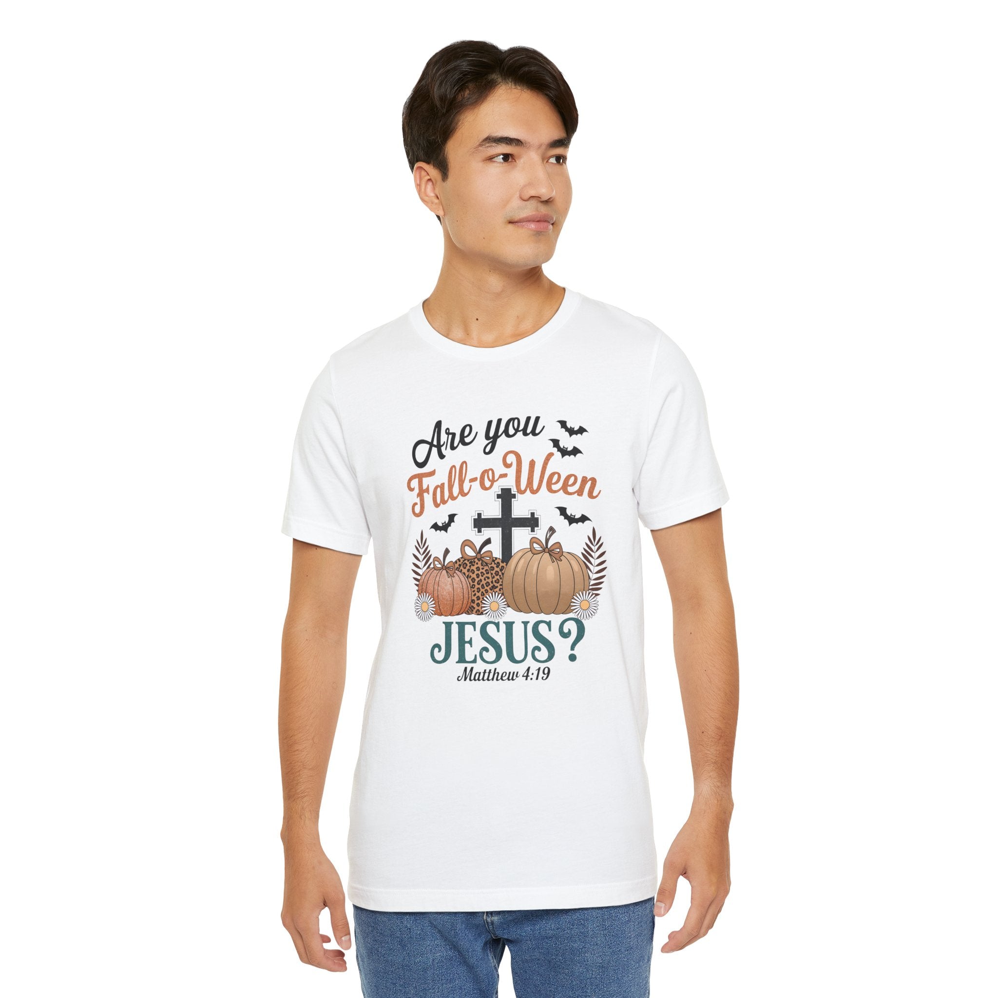 Fall-themed Christian Tee, Are You Fall-o-Ween Jesus?, Unisex Halloween Shirt, Autumn Faith T-Shirt, Pumpkin Design Top