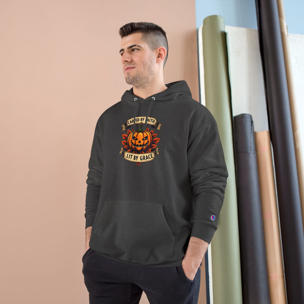 Halloween Pumpkin Champion Hoodie, Cozy Sweatshirt for Fall, Faith Inspired Apparel, Unisex Fall Fashion, Perfect for Halloween Celebrations