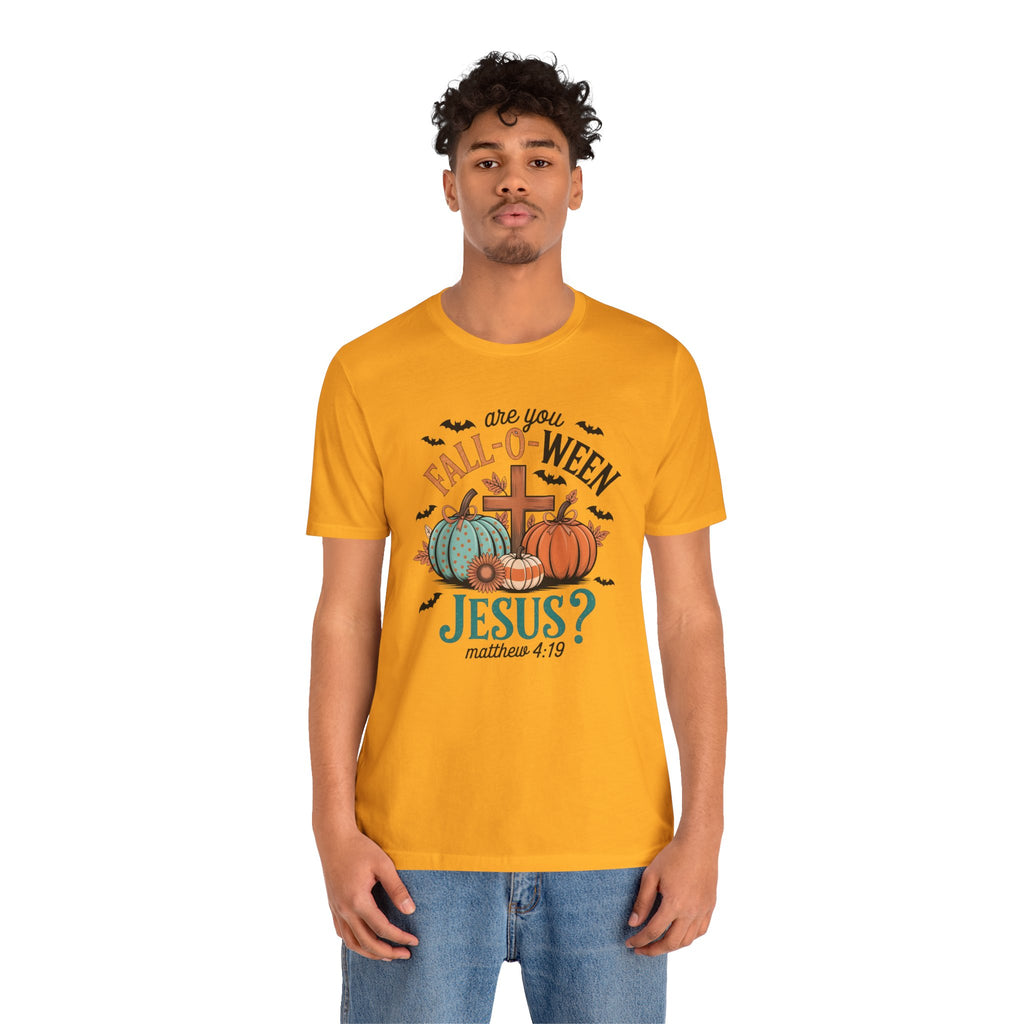 Fall-Themed Jesus T-Shirt, Unisex Short Sleeve Tee, Christian Apparel, Autumn Wear, Pumpkin Design, Halloween Celebration