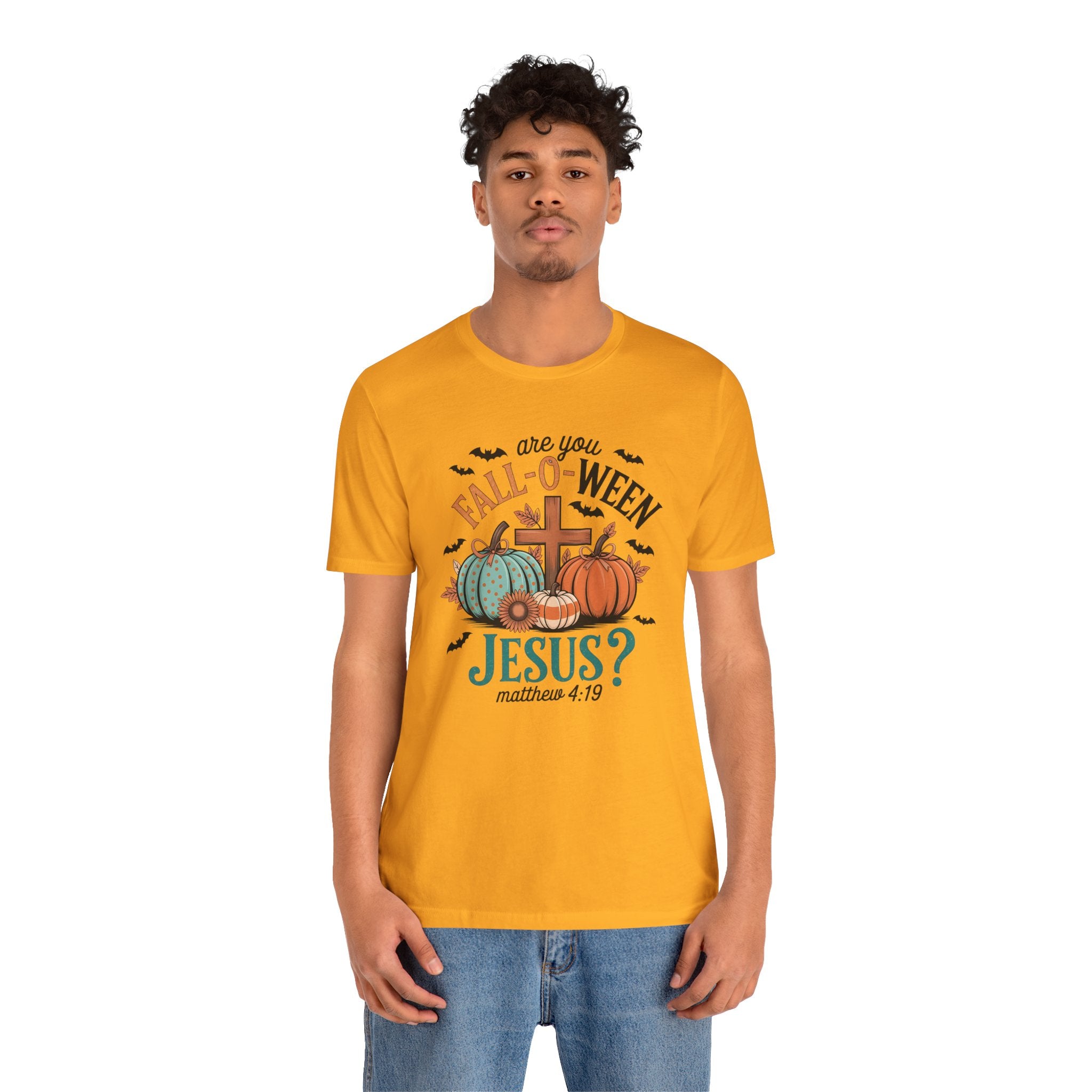 Fall-Themed Jesus T-Shirt, Unisex Short Sleeve Tee, Christian Apparel, Autumn Wear, Pumpkin Design, Halloween Celebration