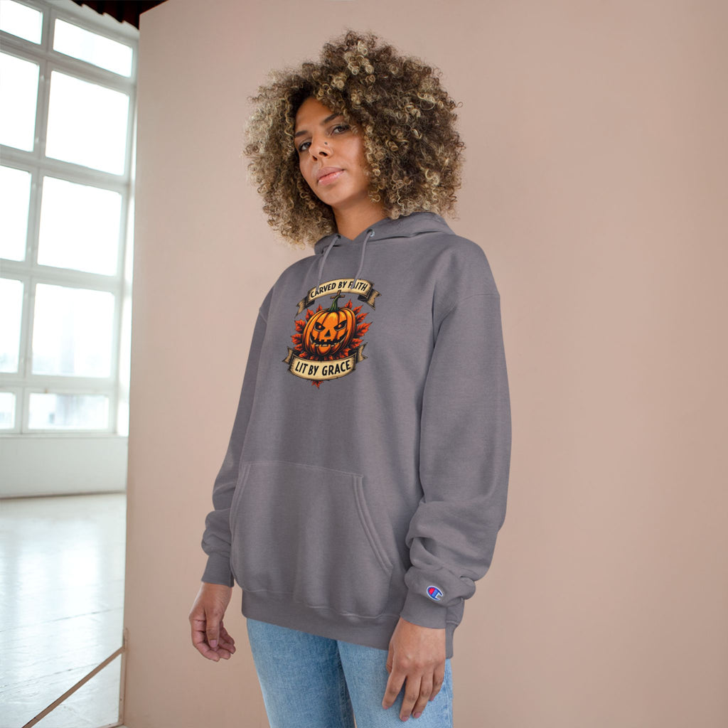 Halloween Pumpkin Champion Hoodie, Cozy Sweatshirt for Fall, Faith Inspired Apparel, Unisex Fall Fashion, Perfect for Halloween Celebrations