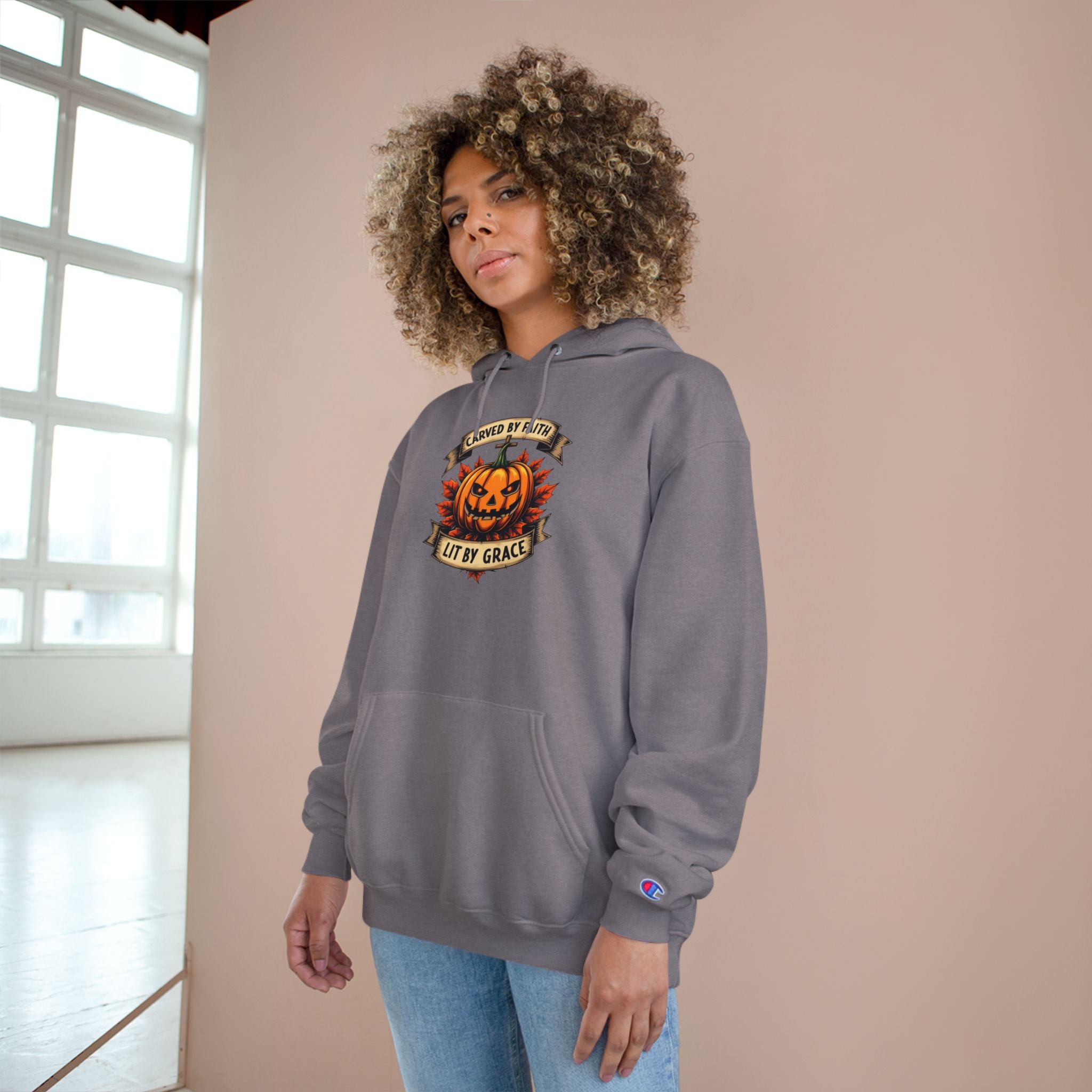 Halloween Pumpkin Champion Hoodie, Cozy Sweatshirt for Fall, Faith Inspired Apparel, Unisex Fall Fashion, Perfect for Halloween Celebrations
