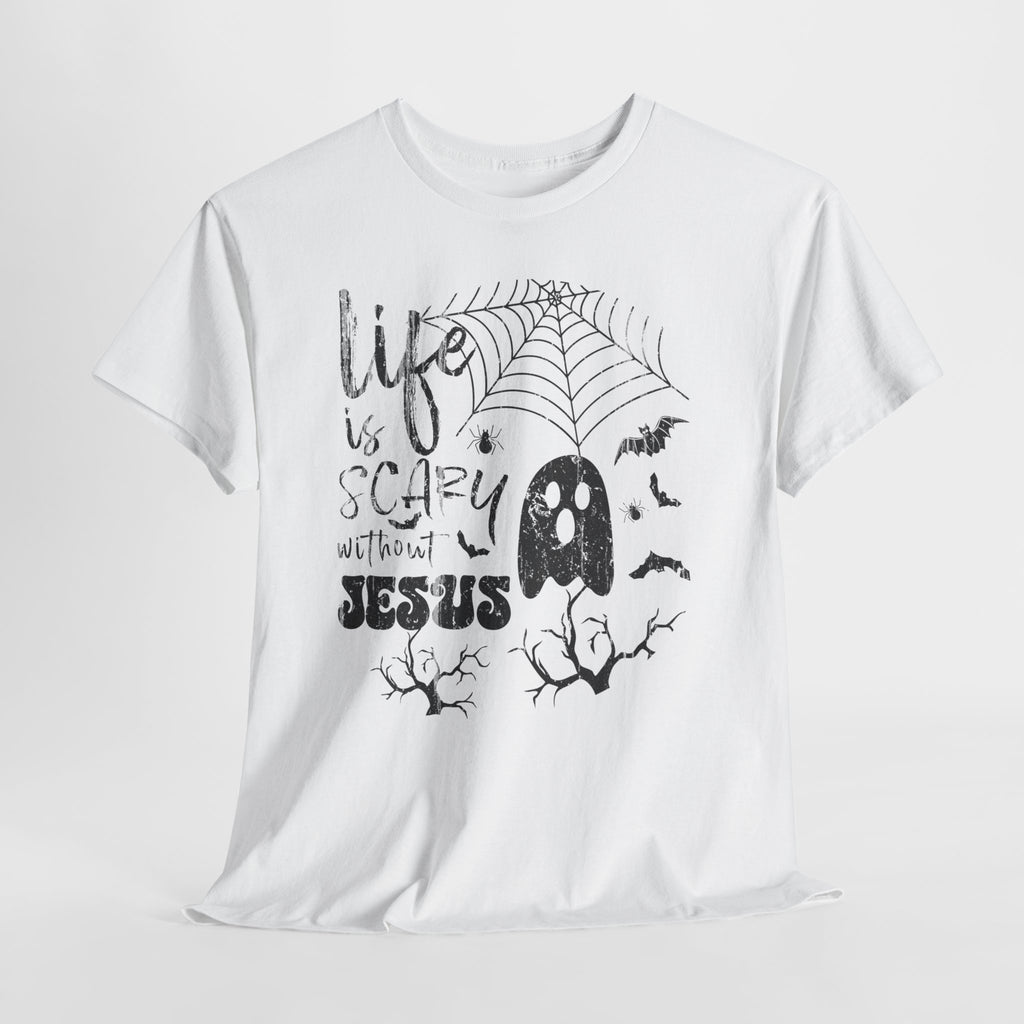 Halloween Ghost Tee: Life is Scary Without Jesus, Unisex Heavy Cotton T-Shirt, Halloween Shirt, Faith-Based Apparel, Cute Ghost Tee, [...]