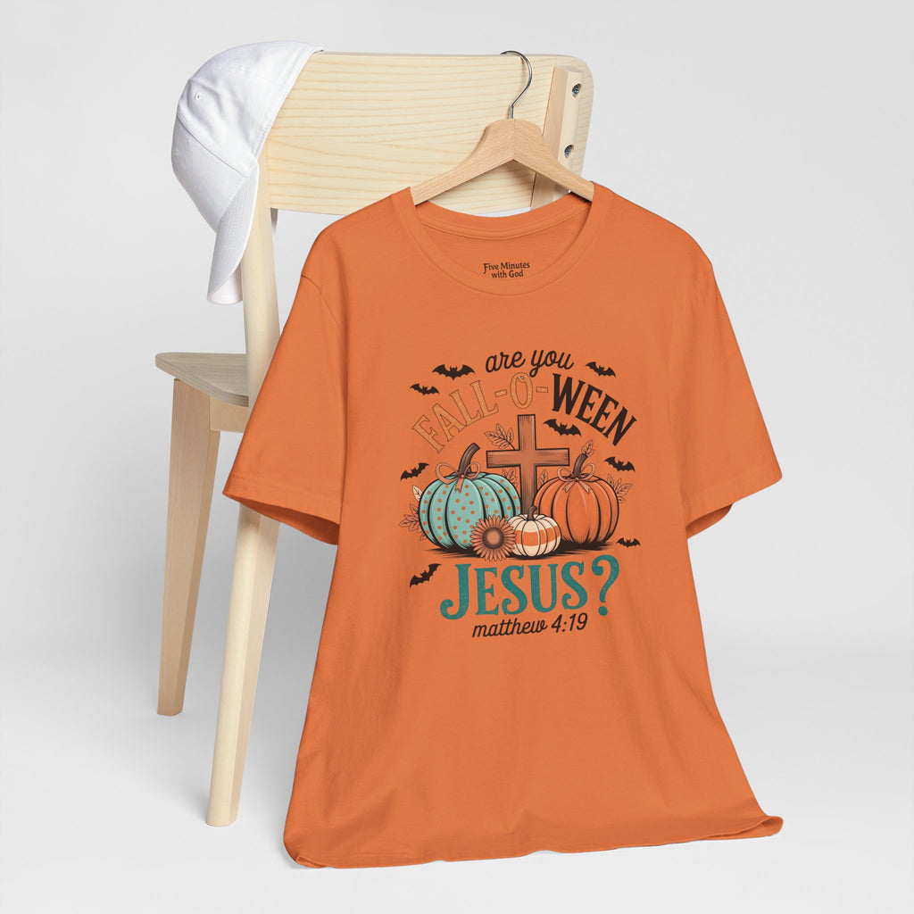 Fall-Themed Jesus T-Shirt, Unisex Short Sleeve Tee, Christian Apparel, Autumn Wear, Pumpkin Design, Halloween Celebration