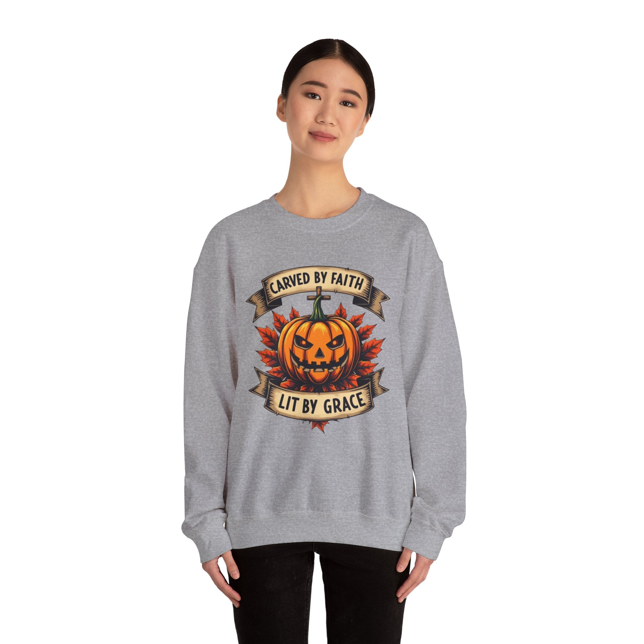 Autumn Pumpkin Sweatshirt - Carved by Faith Lit by Grace, Cozy Fall Fashion, Halloween Gift, Unisex Crewneck, Seasonal Hoodie, Halloween