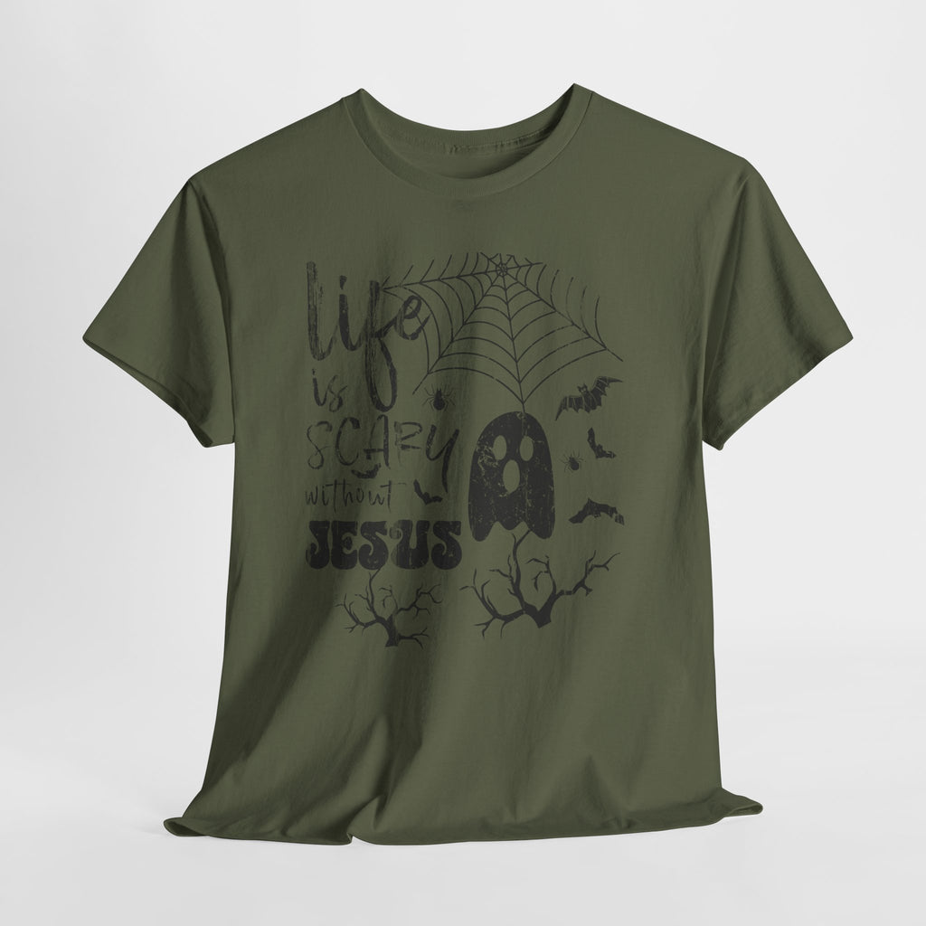 Halloween Ghost Tee: Life is Scary Without Jesus, Unisex Heavy Cotton T-Shirt, Halloween Shirt, Faith-Based Apparel, Cute Ghost Tee, [...]
