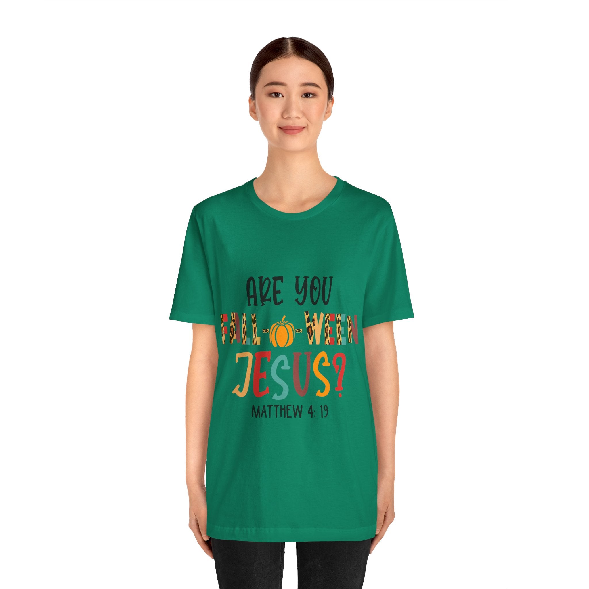Fall-Themed Jesus Tee | Unisex Jersey Short Sleeve T-Shirt, Halloween Church Wear, Faith-Based Gift, Cozy Casual Top