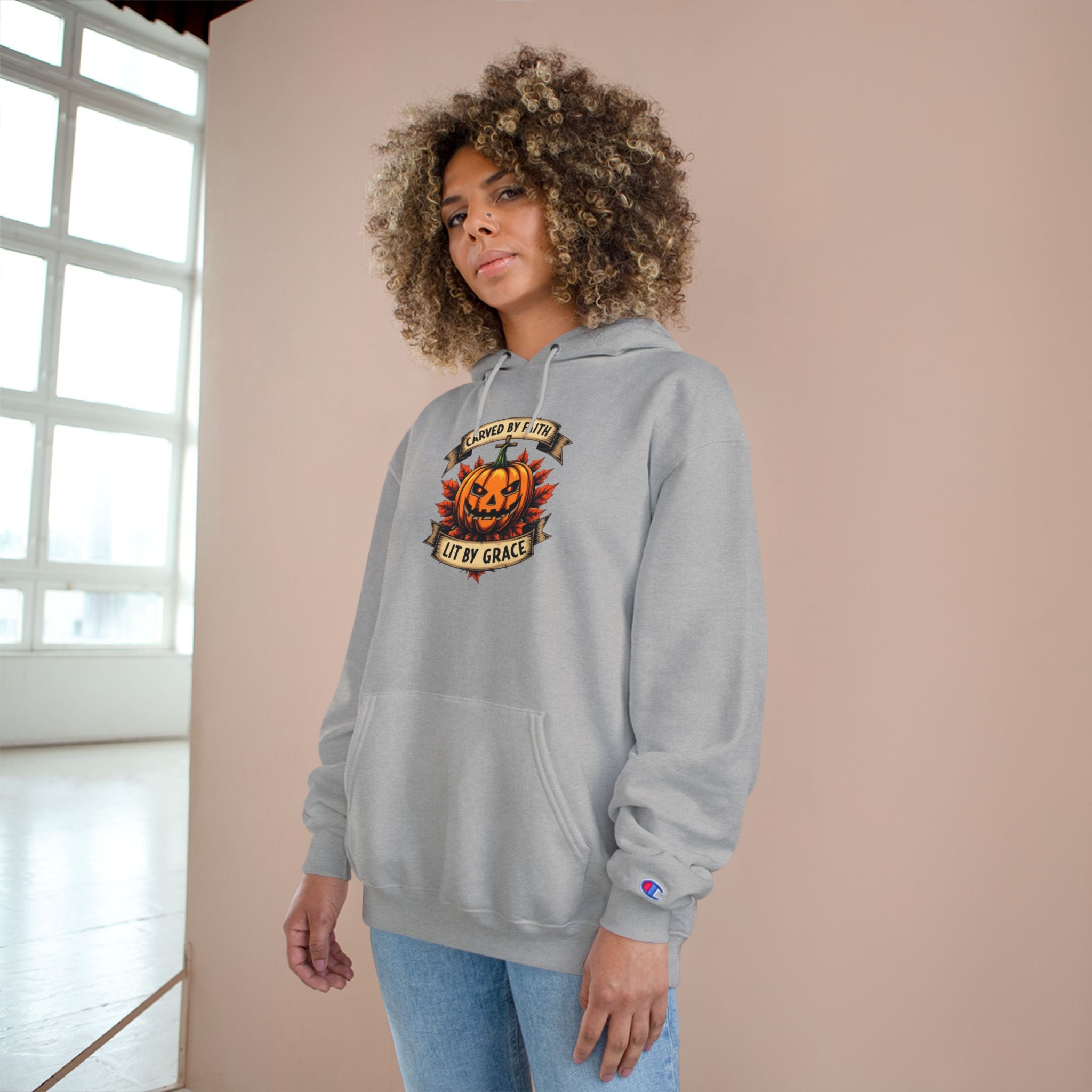 Halloween Pumpkin Champion Hoodie, Cozy Sweatshirt for Fall, Faith Inspired Apparel, Unisex Fall Fashion, Perfect for Halloween Celebrations