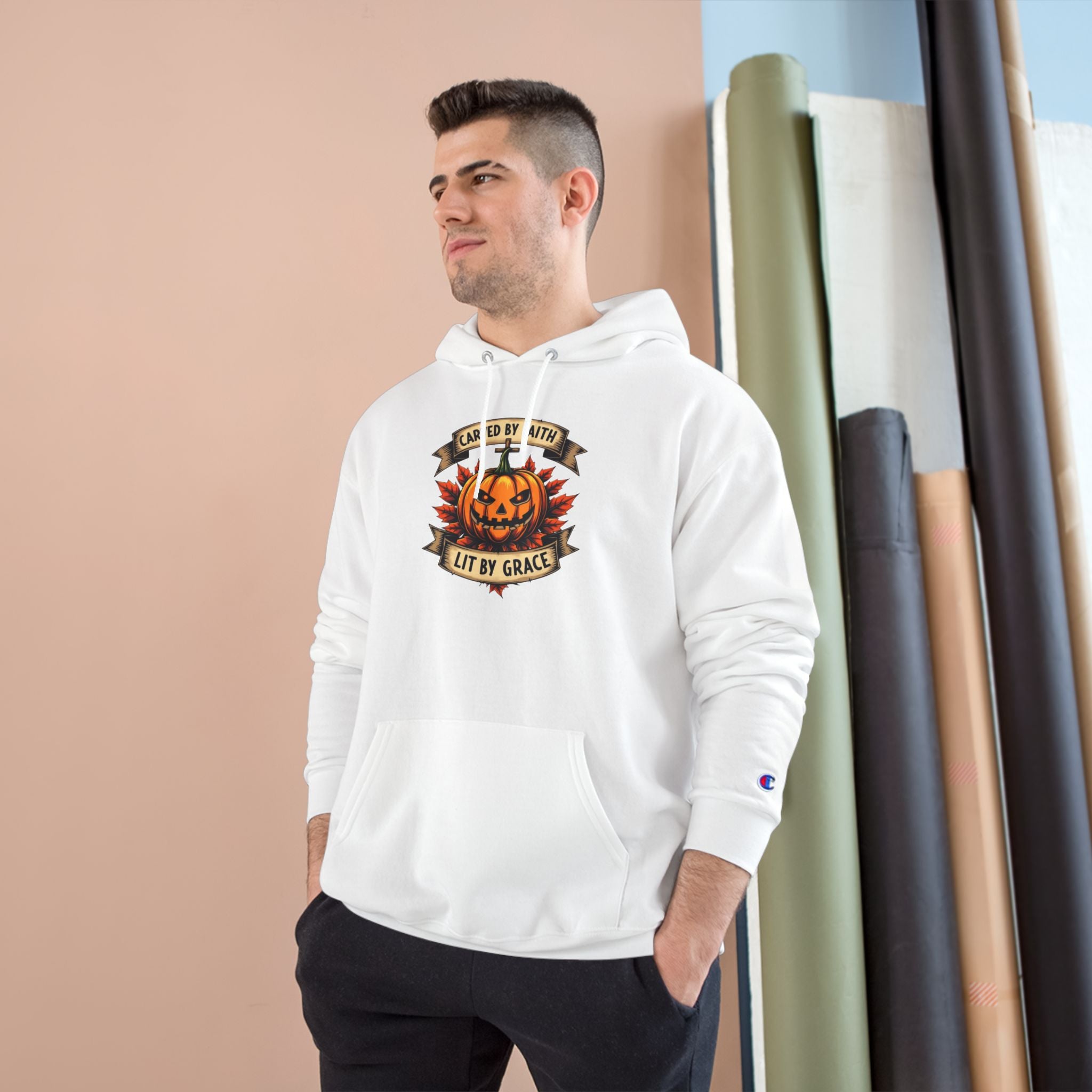 Halloween Pumpkin Champion Hoodie, Cozy Sweatshirt for Fall, Faith Inspired Apparel, Unisex Fall Fashion, Perfect for Halloween Celebrations