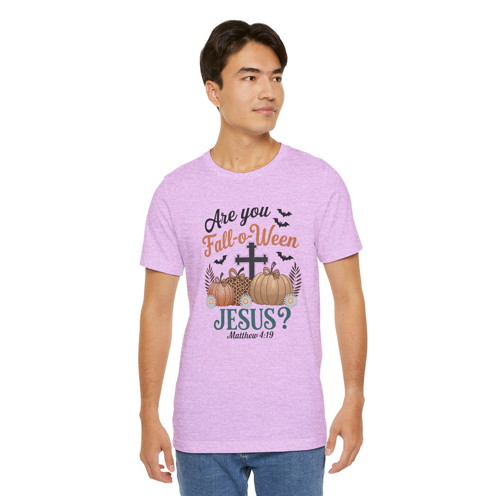 Fall-themed Christian Tee, Are You Fall-o-Ween Jesus?, Unisex Halloween Shirt, Autumn Faith T-Shirt, Pumpkin Design Top