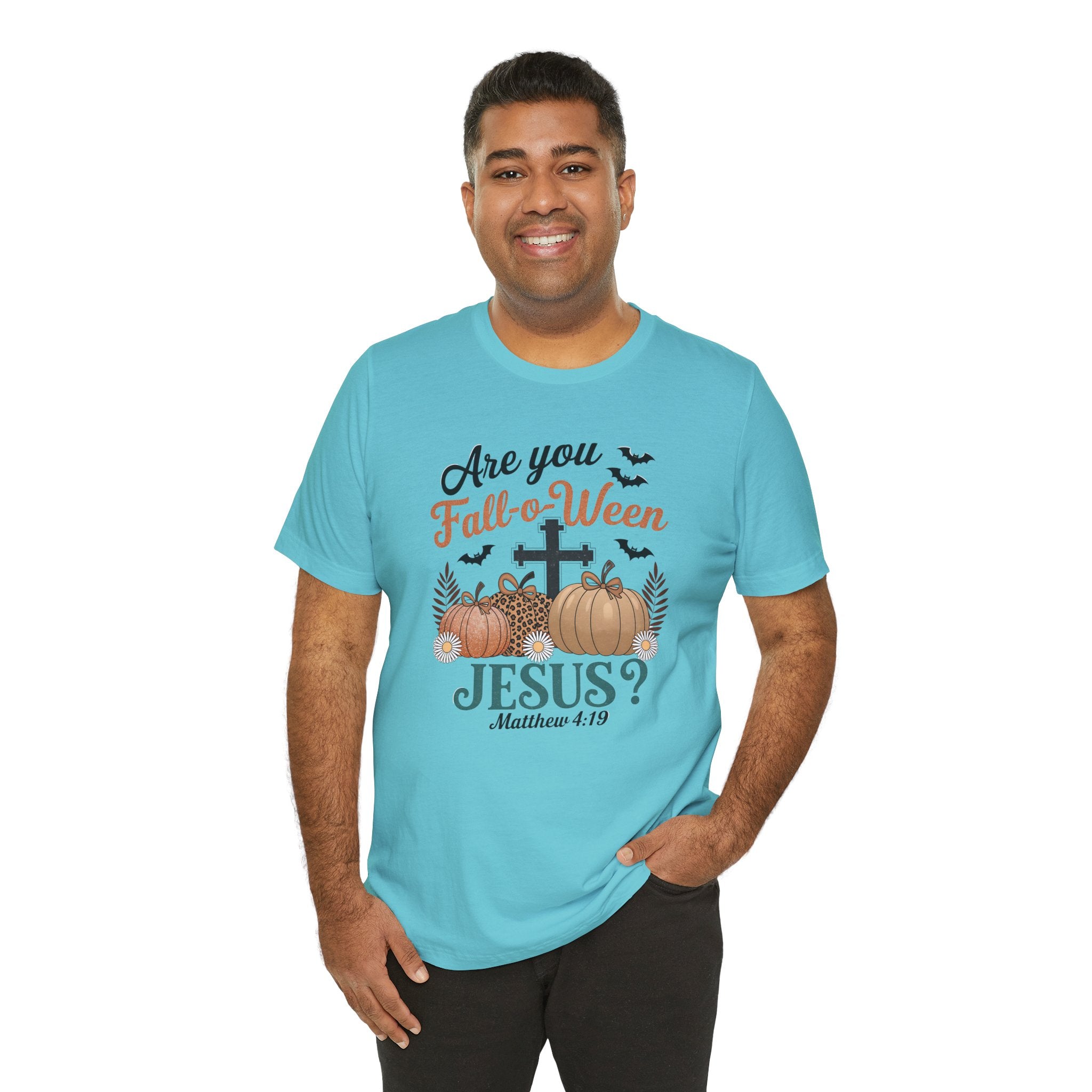 Fall-themed Christian Tee, Are You Fall-o-Ween Jesus?, Unisex Halloween Shirt, Autumn Faith T-Shirt, Pumpkin Design Top