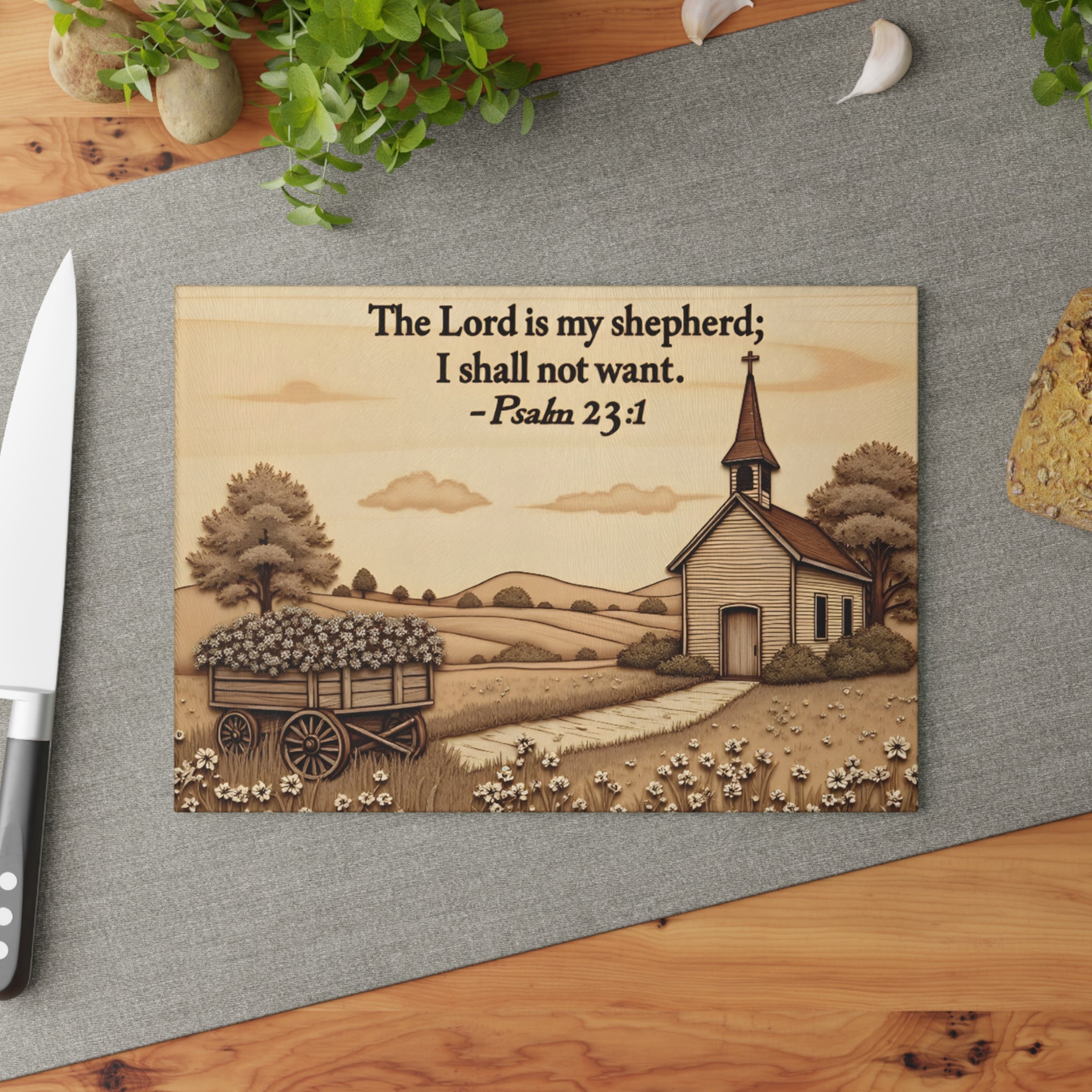 Rustic Farmhouse Glass Cutting Board with Psalm 23:1, Kitchen Accessories, Gift for Mom, Gift, Bible Verse cutting board