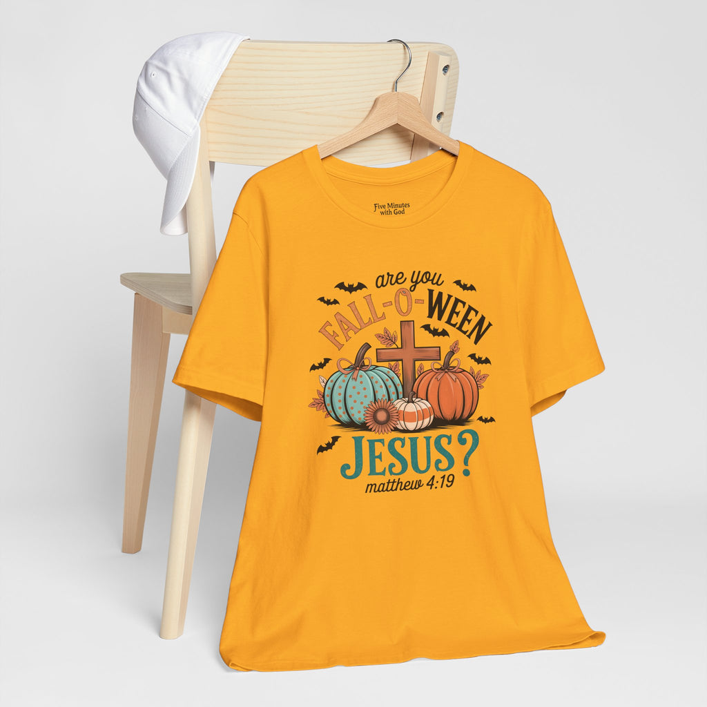 Fall-Themed Jesus T-Shirt, Unisex Short Sleeve Tee, Christian Apparel, Autumn Wear, Pumpkin Design, Halloween Celebration