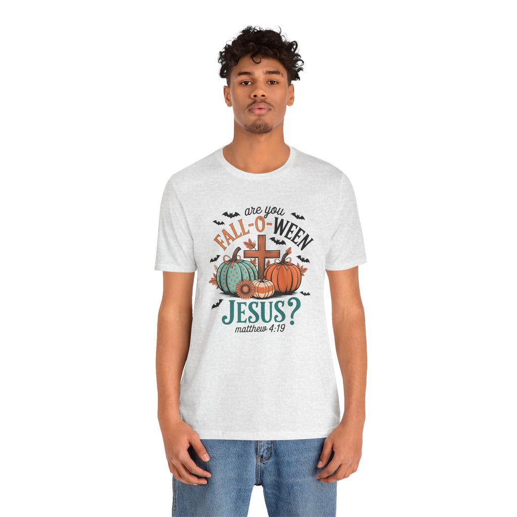 Fall-Themed Jesus T-Shirt, Unisex Short Sleeve Tee, Christian Apparel, Autumn Wear, Pumpkin Design, Halloween Celebration