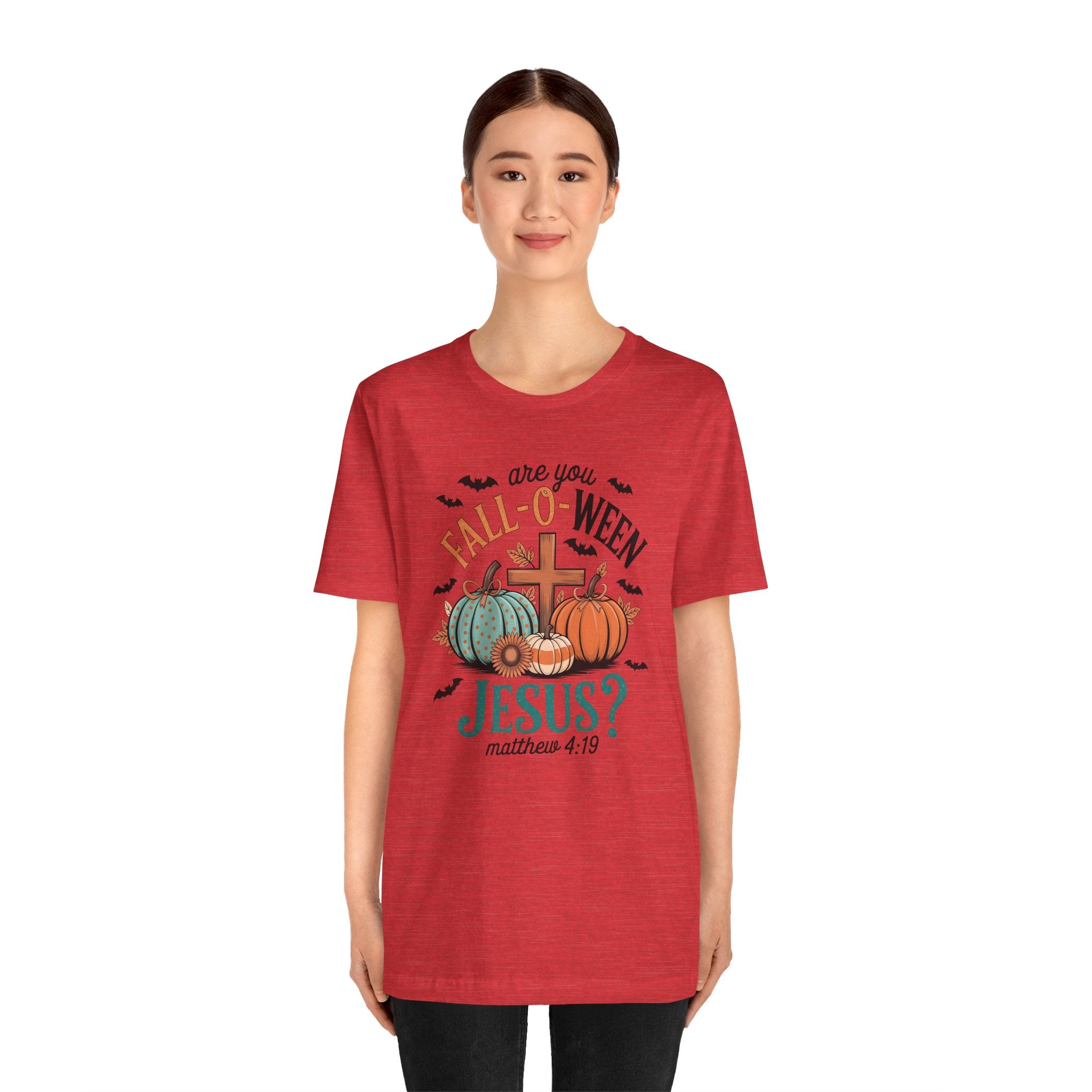 Fall-Themed Jesus T-Shirt, Unisex Short Sleeve Tee, Christian Apparel, Autumn Wear, Pumpkin Design, Halloween Celebration