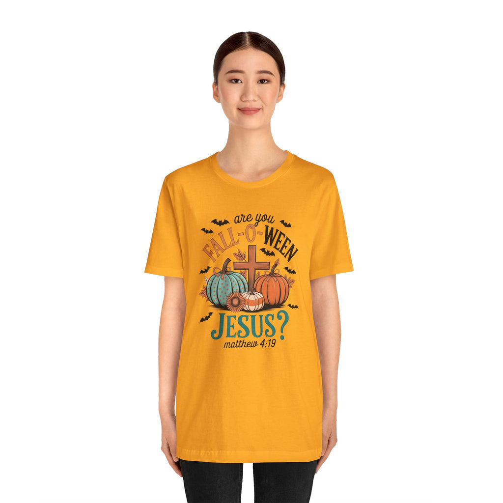 Fall-Themed Jesus T-Shirt, Unisex Short Sleeve Tee, Christian Apparel, Autumn Wear, Pumpkin Design, Halloween Celebration