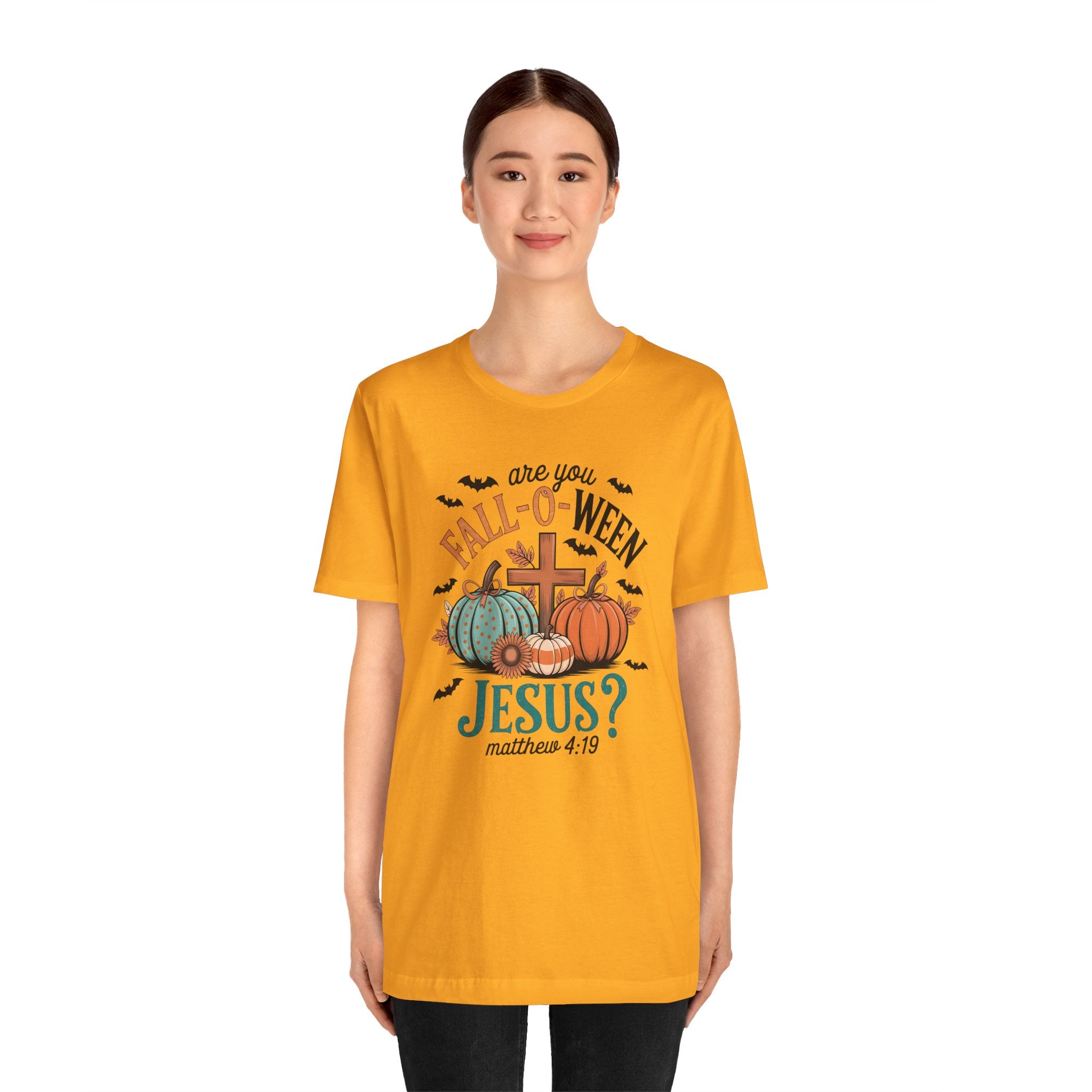 Fall-Themed Jesus T-Shirt, Unisex Short Sleeve Tee, Christian Apparel, Autumn Wear, Pumpkin Design, Halloween Celebration