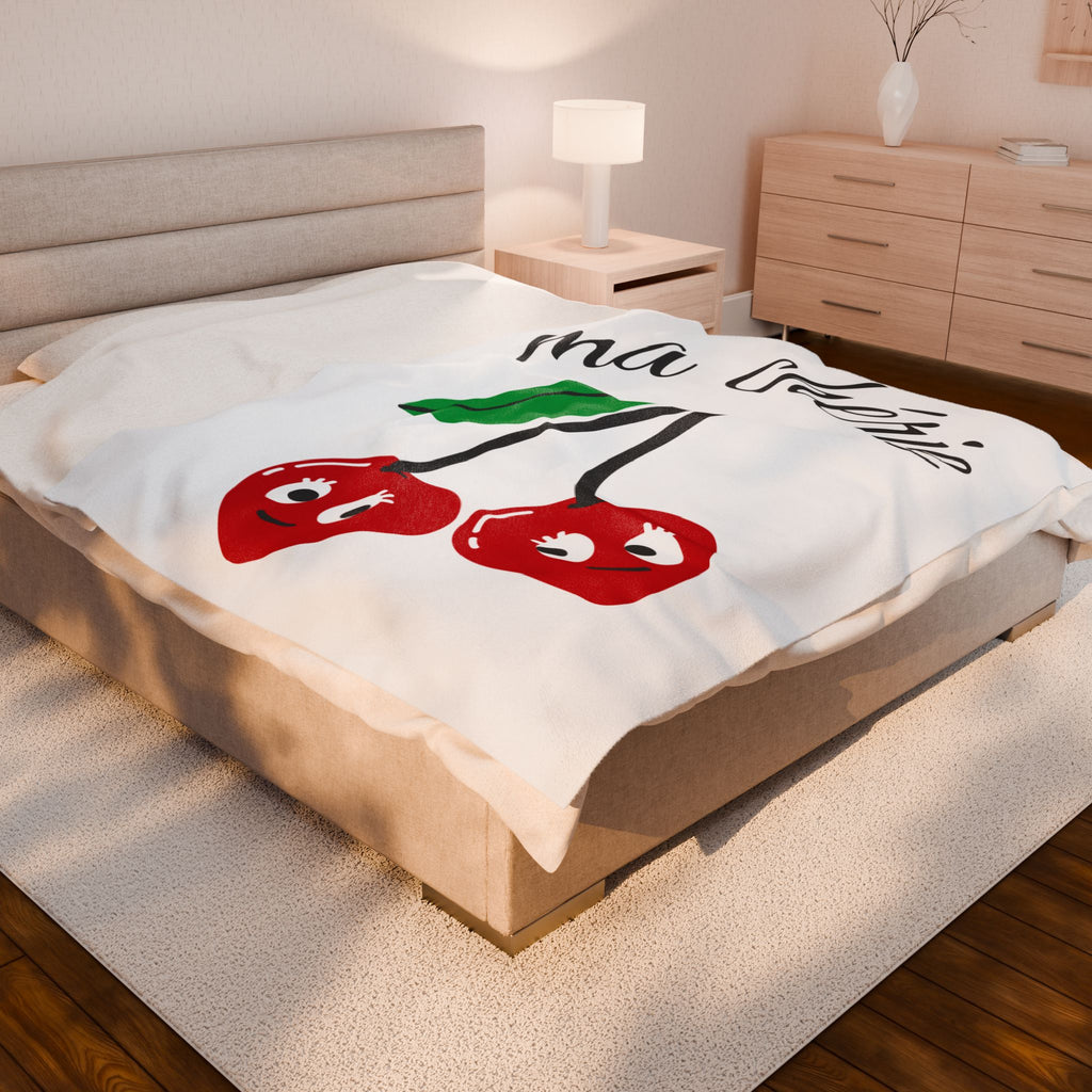 Cute Cherry 'Ma Chérie' Velveteen Plush Blanket, Cozy Throw, Gift for Her, Home Decor, Cherry Theme, Warm Snuggle Blanket