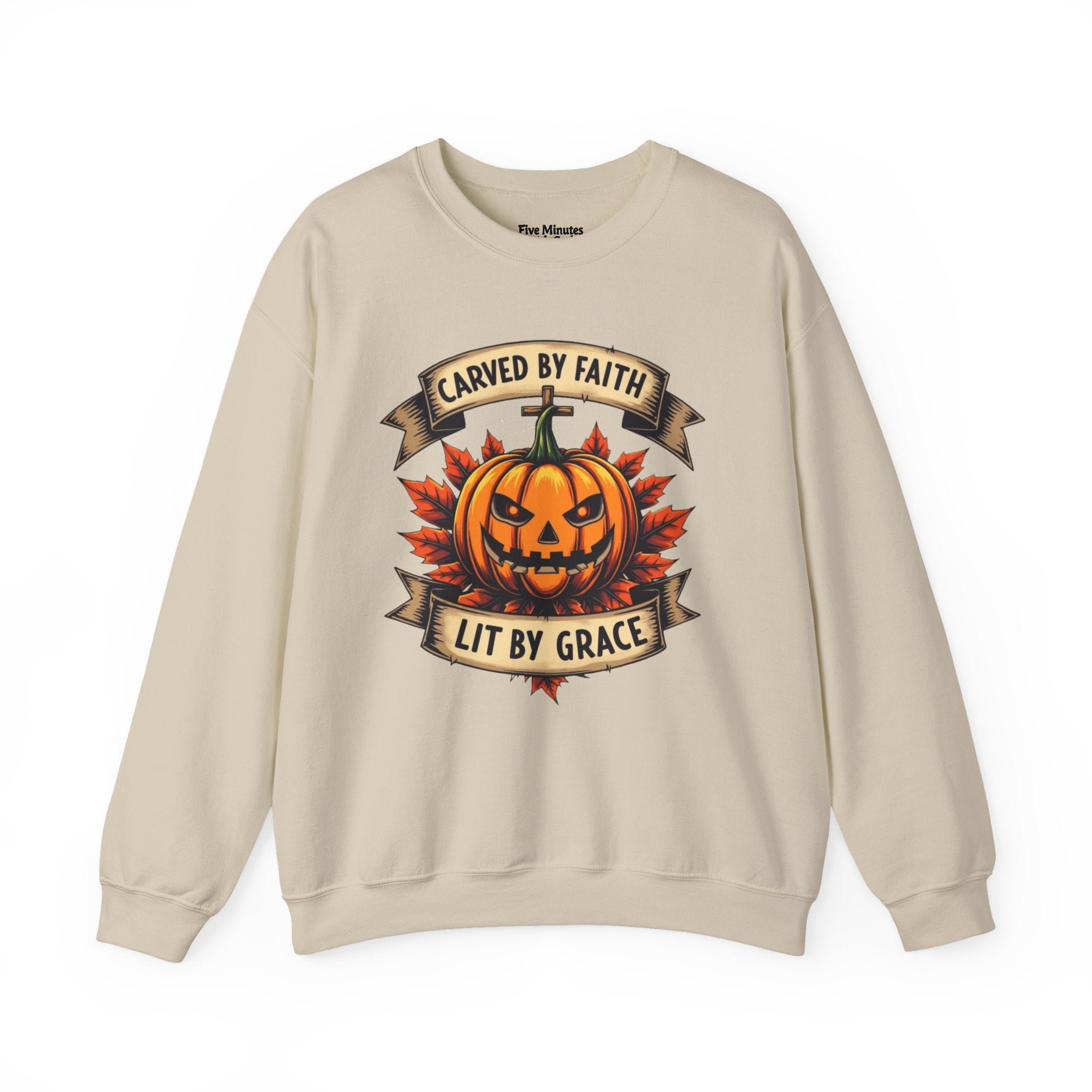 Autumn Pumpkin Sweatshirt - Carved by Faith Lit by Grace, Cozy Fall Fashion, Halloween Gift, Unisex Crewneck, Seasonal Hoodie, Halloween