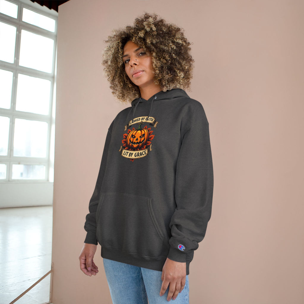 Halloween Pumpkin Champion Hoodie, Cozy Sweatshirt for Fall, Faith Inspired Apparel, Unisex Fall Fashion, Perfect for Halloween Celebrations