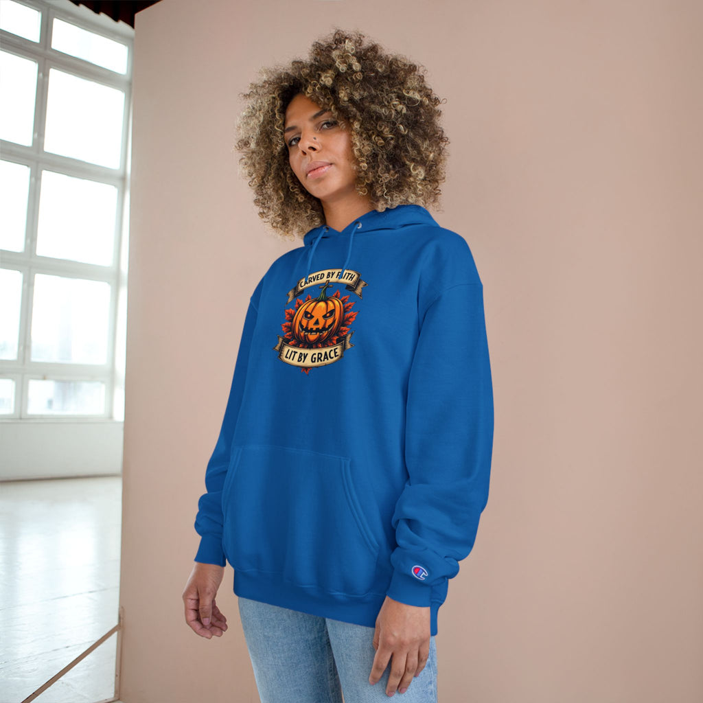 Halloween Pumpkin Champion Hoodie, Cozy Sweatshirt for Fall, Faith Inspired Apparel, Unisex Fall Fashion, Perfect for Halloween Celebrations
