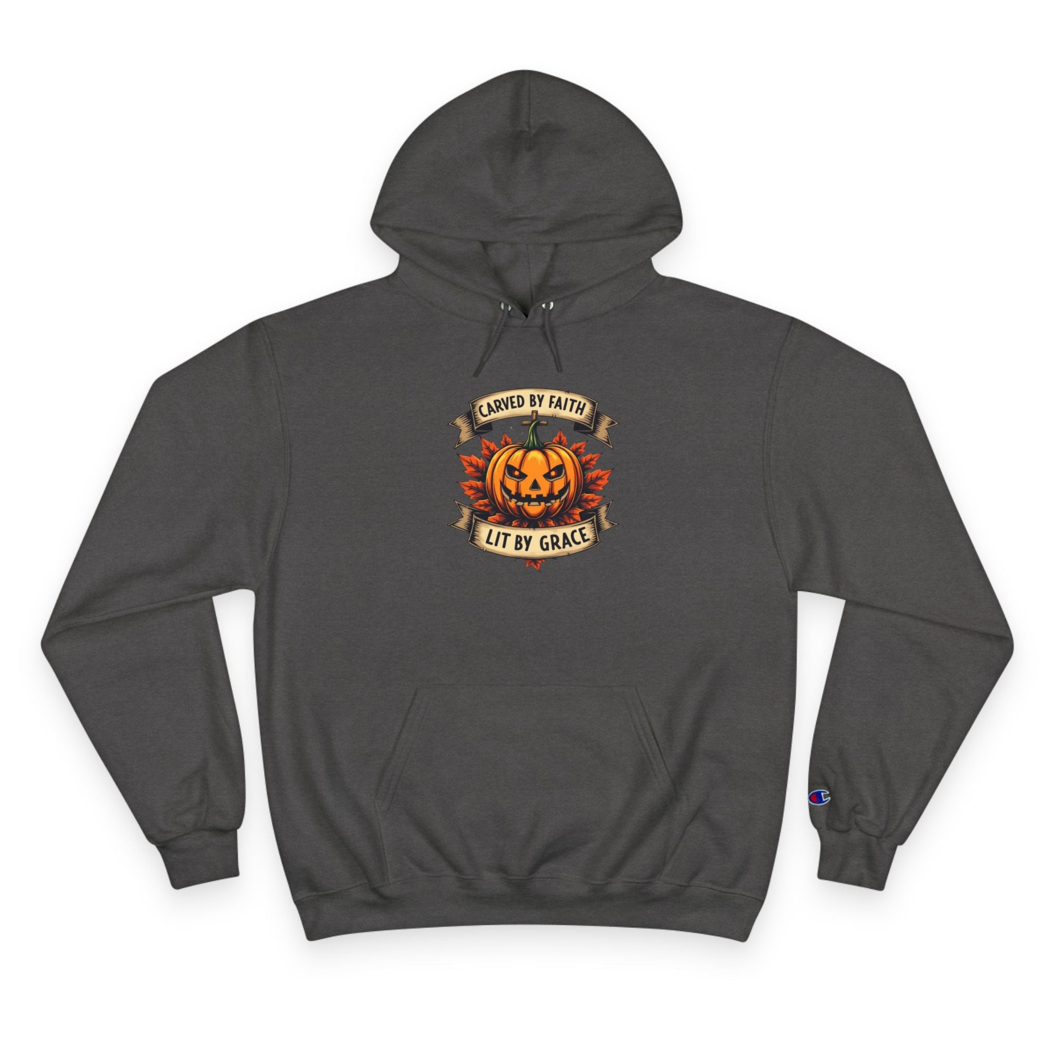 Halloween Pumpkin Champion Hoodie, Cozy Sweatshirt for Fall, Faith Inspired Apparel, Unisex Fall Fashion, Perfect for Halloween Celebrations