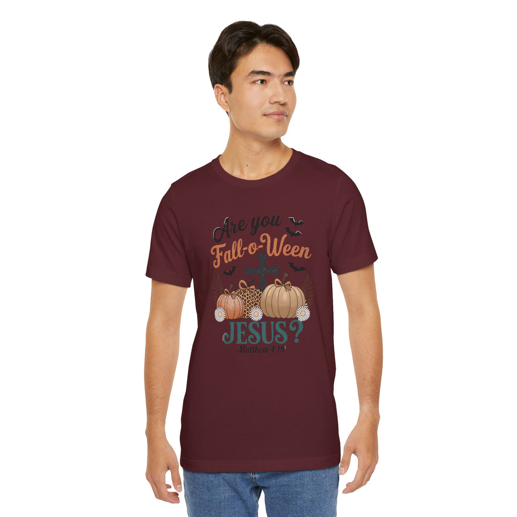 Fall-themed Christian Tee, Are You Fall-o-Ween Jesus?, Unisex Halloween Shirt, Autumn Faith T-Shirt, Pumpkin Design Top