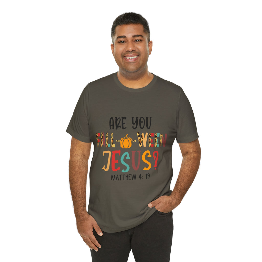 Fall-Themed Jesus Tee | Unisex Jersey Short Sleeve T-Shirt, Halloween Church Wear, Faith-Based Gift, Cozy Casual Top