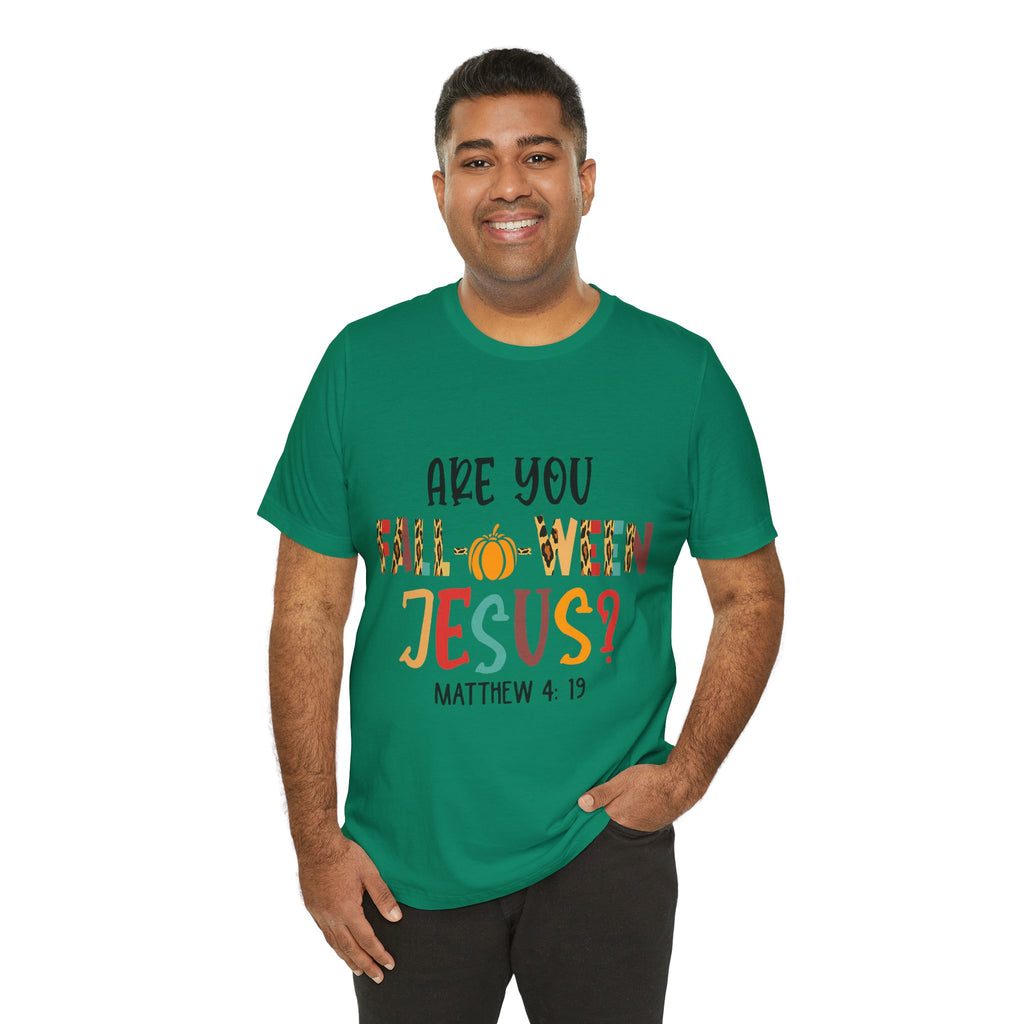 Fall-Themed Jesus Tee | Unisex Jersey Short Sleeve T-Shirt, Halloween Church Wear, Faith-Based Gift, Cozy Casual Top