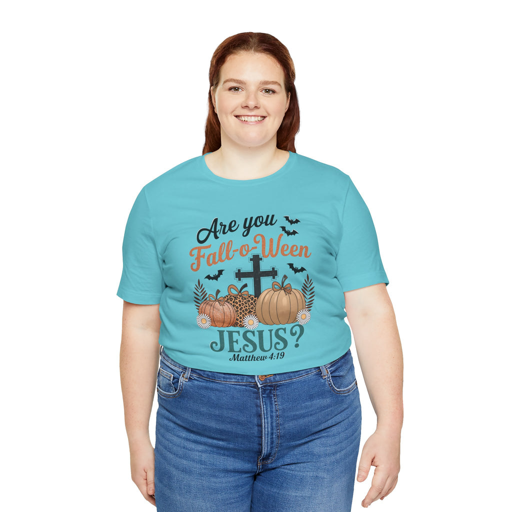 Fall-themed Christian Tee, Are You Fall-o-Ween Jesus?, Unisex Halloween Shirt, Autumn Faith T-Shirt, Pumpkin Design Top