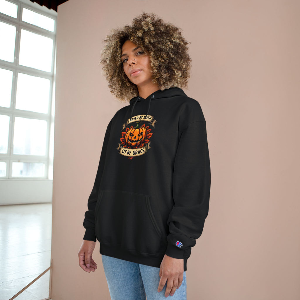 Halloween Pumpkin Champion Hoodie, Cozy Sweatshirt for Fall, Faith Inspired Apparel, Unisex Fall Fashion, Perfect for Halloween Celebrations