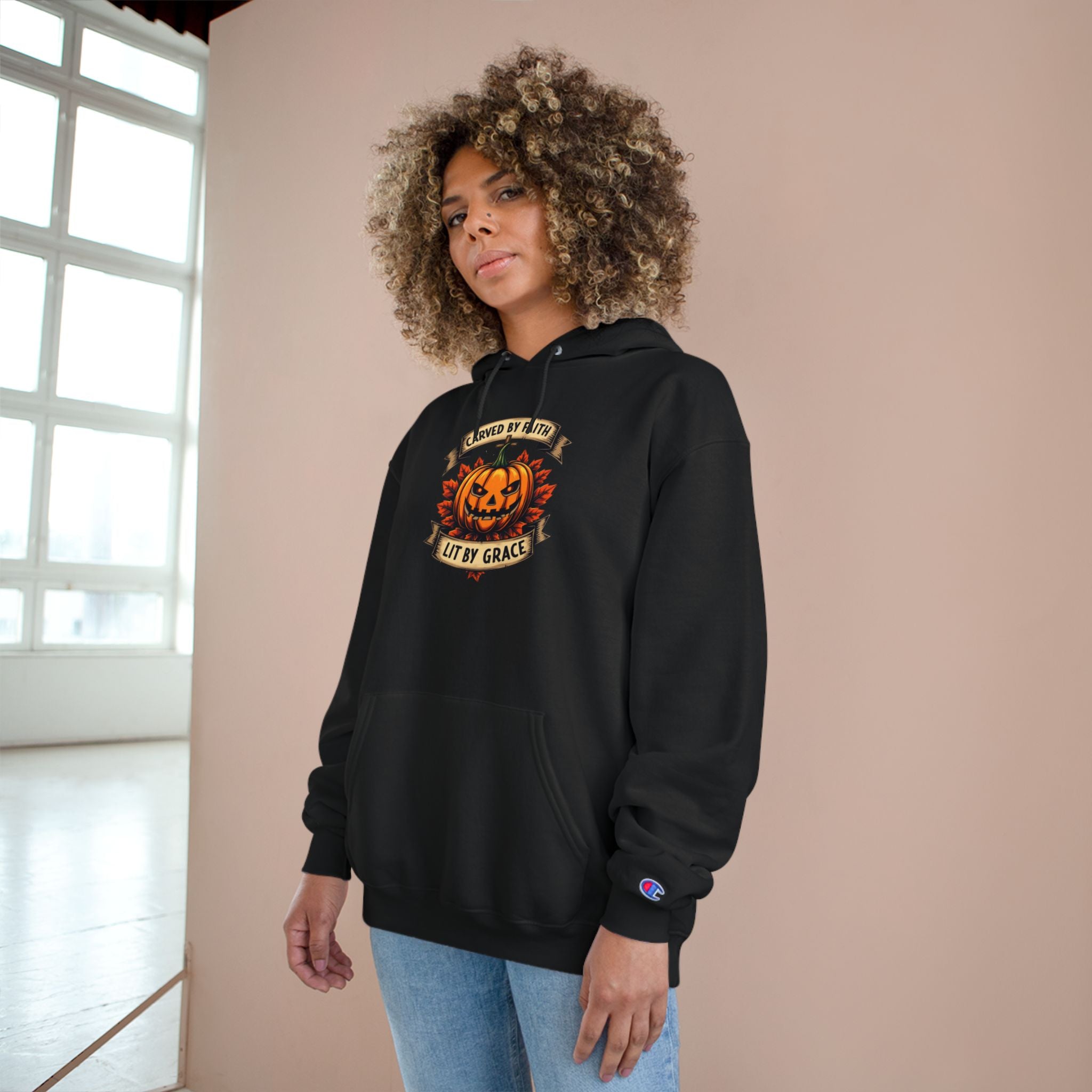 Halloween Pumpkin Champion Hoodie, Cozy Sweatshirt for Fall, Faith Inspired Apparel, Unisex Fall Fashion, Perfect for Halloween Celebrations