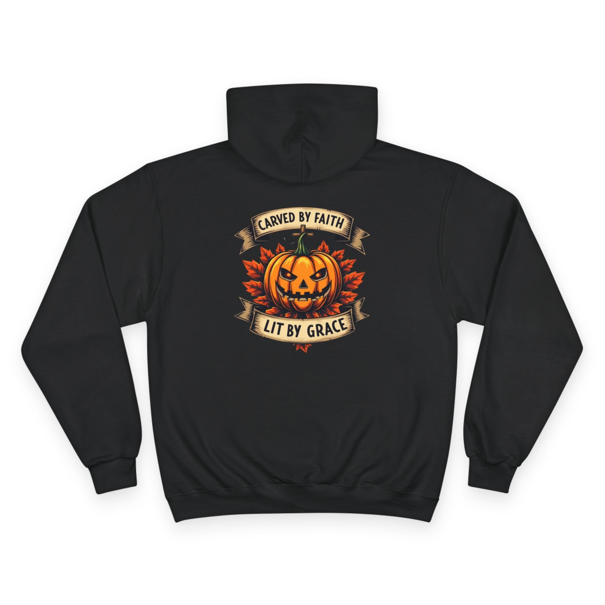 Champion Hoodie with Pumpkin Design - Carved by Faith, Lit by Grace, Cozy Fall Apparel for Halloween, Spiritual Gift, Autumn Fashion