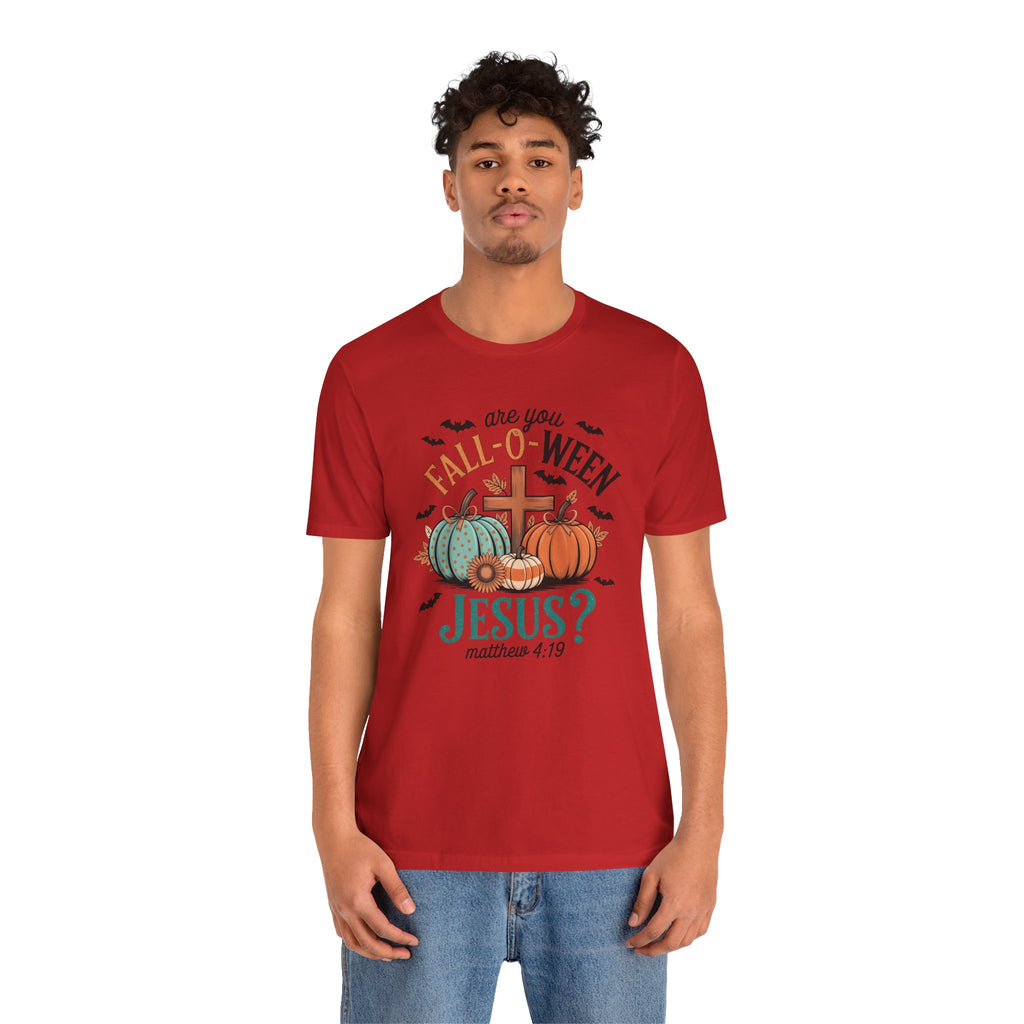 Fall-Themed Jesus T-Shirt, Unisex Short Sleeve Tee, Christian Apparel, Autumn Wear, Pumpkin Design, Halloween Celebration