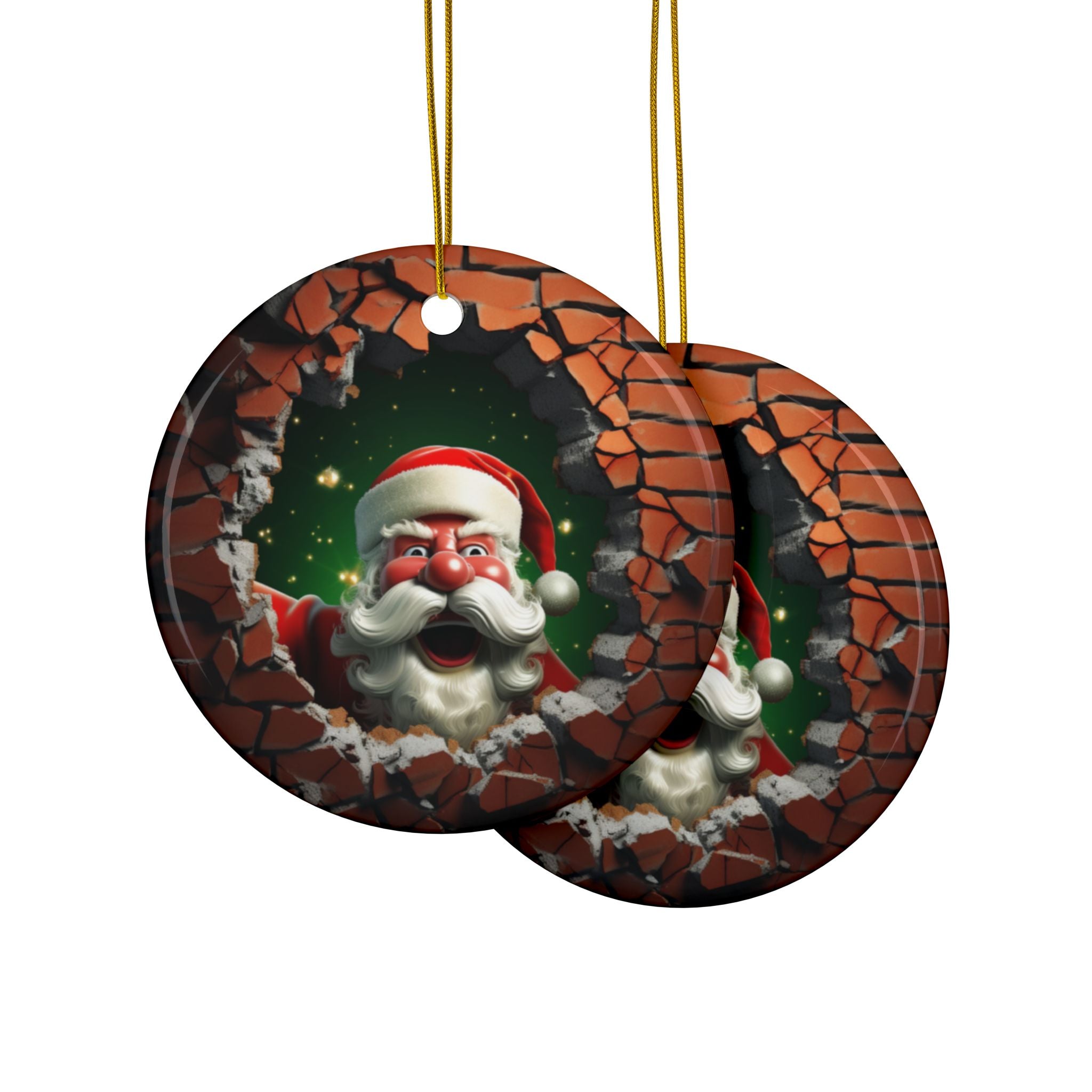 Santa Breaking Through Ceramic Ornaments - 2-Side Print - Holiday Decor, Christmas Gift, Tree Ornaments, Set of 1, 3, 5, 10
