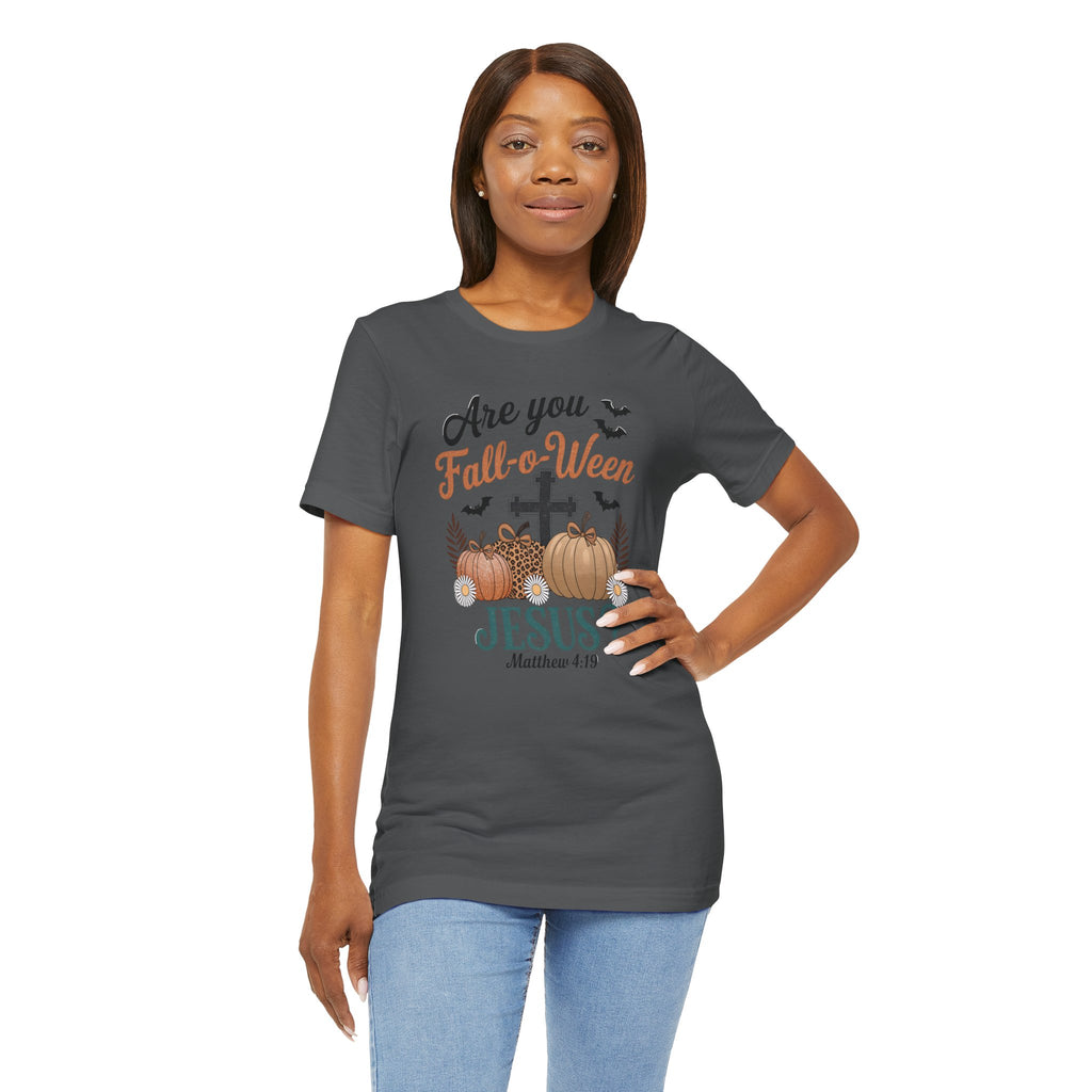 Fall-themed Christian Tee, Are You Fall-o-Ween Jesus?, Unisex Halloween Shirt, Autumn Faith T-Shirt, Pumpkin Design Top