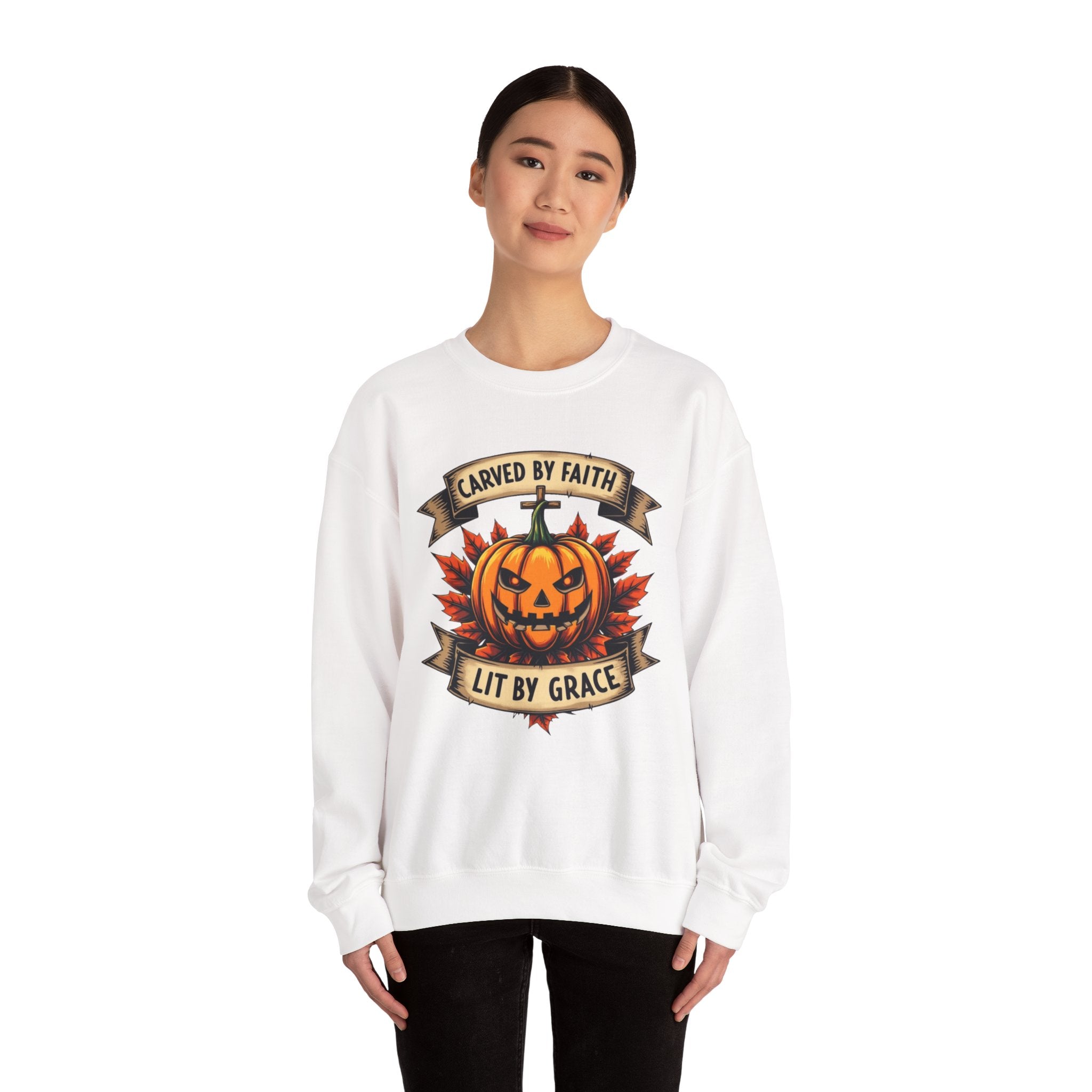 Autumn Pumpkin Sweatshirt - Carved by Faith Lit by Grace, Cozy Fall Fashion, Halloween Gift, Unisex Crewneck, Seasonal Hoodie, Halloween