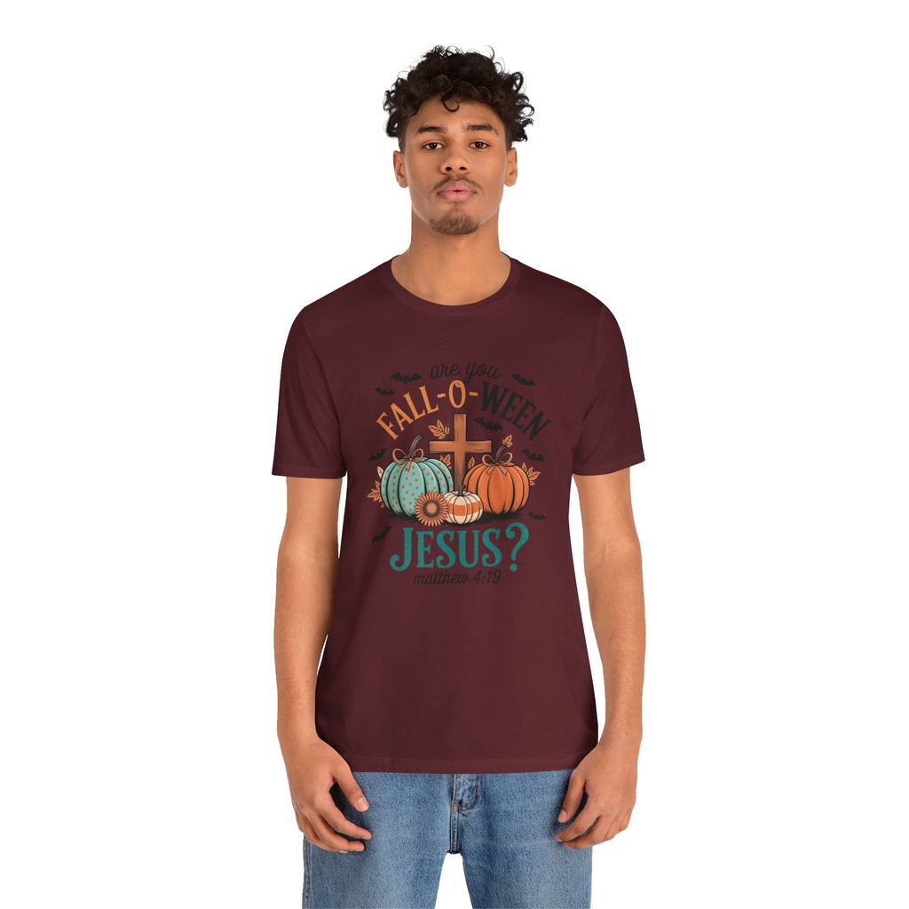 Fall-Themed Jesus T-Shirt, Unisex Short Sleeve Tee, Christian Apparel, Autumn Wear, Pumpkin Design, Halloween Celebration