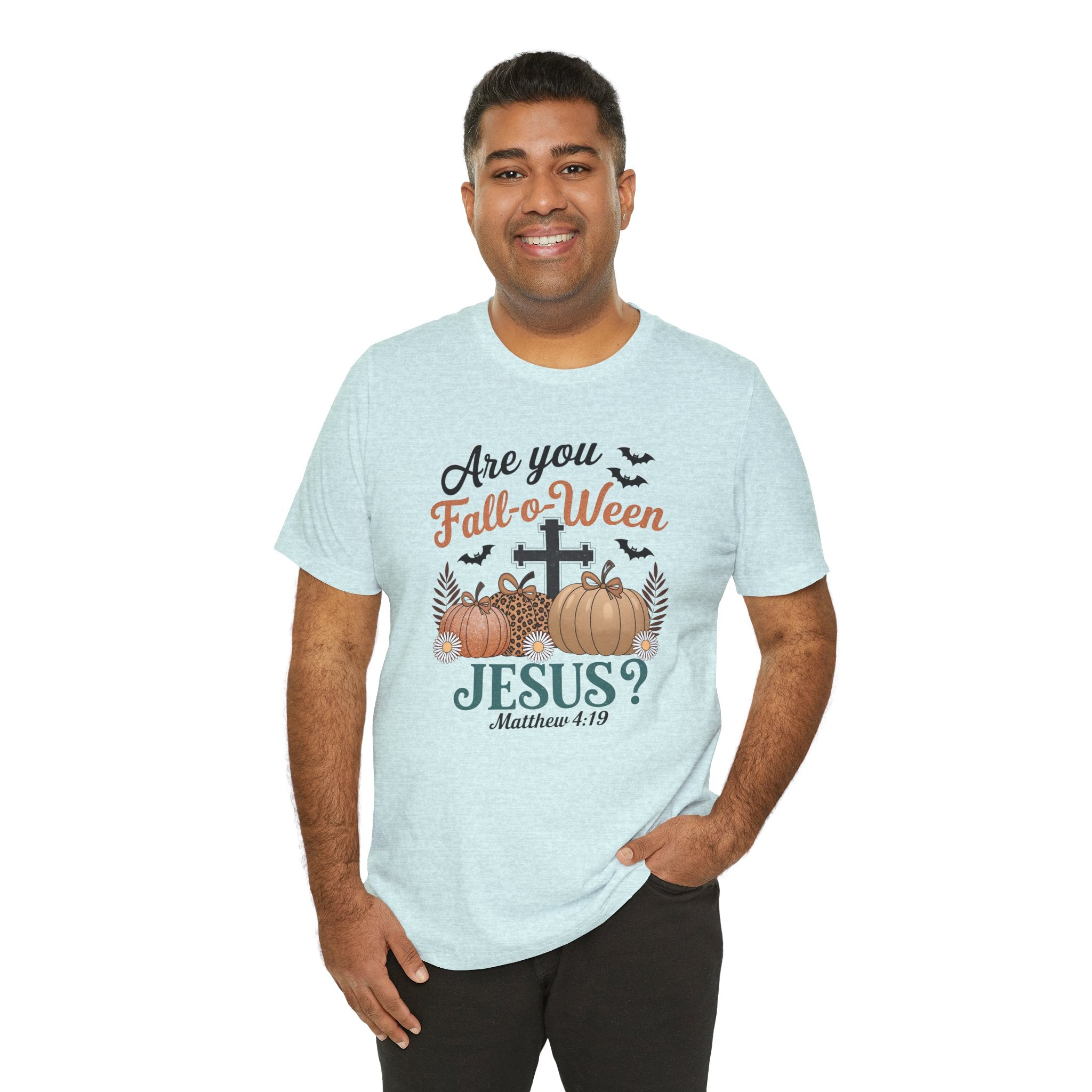 Fall-themed Christian Tee, Are You Fall-o-Ween Jesus?, Unisex Halloween Shirt, Autumn Faith T-Shirt, Pumpkin Design Top